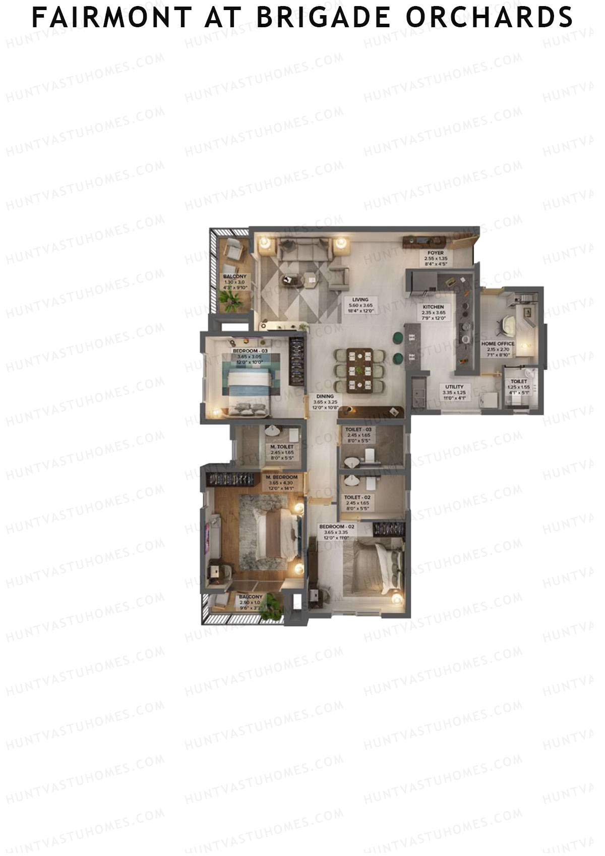 Fairmont At Brigade Orchards, Tower A, Unit 1 (Type A1), 3BHK, Super Area 1940   sq ft 