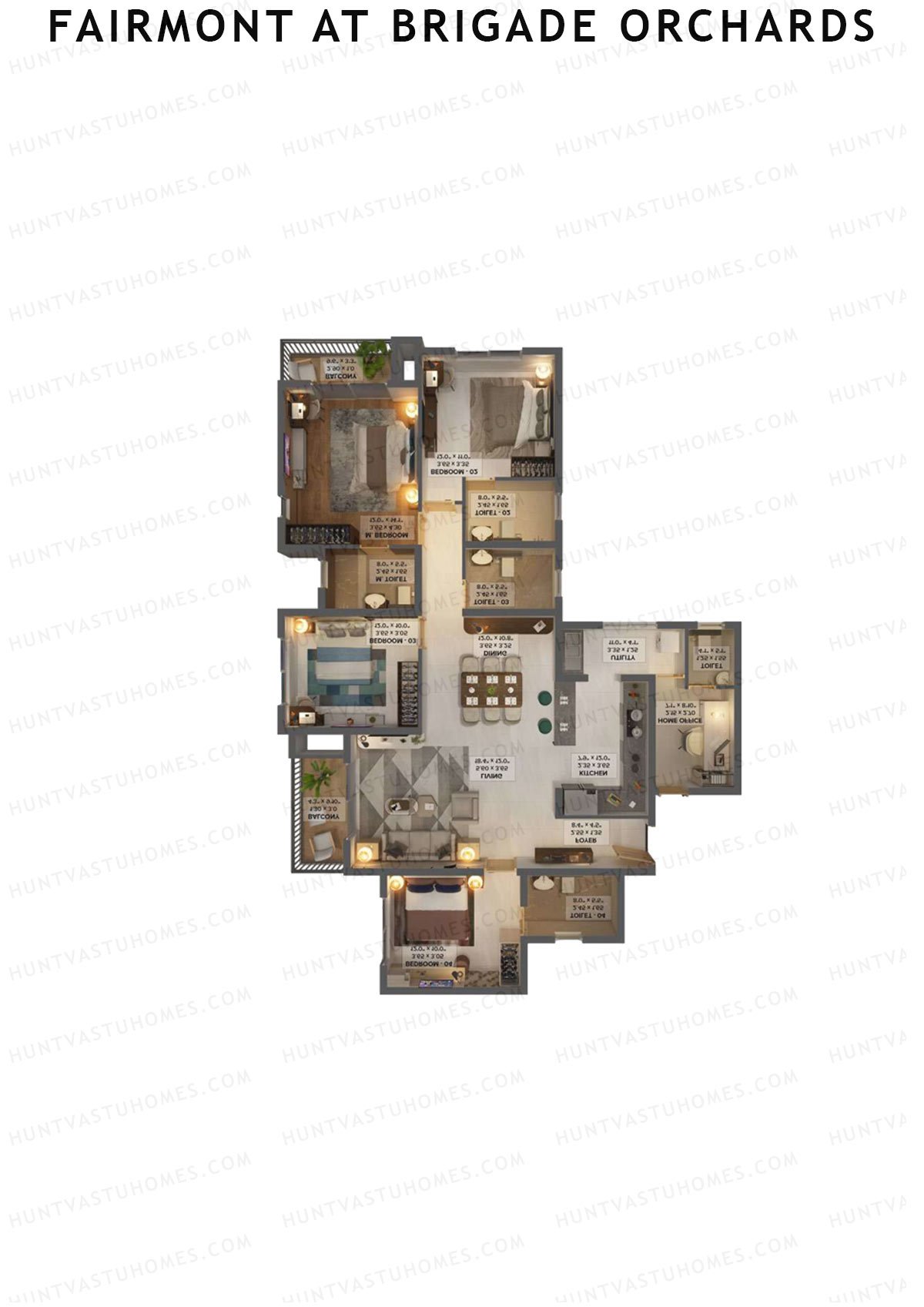 Fairmont At Brigade Orchards, Tower A, Unit 2 (Type C3), 4BHK, Super Area 2188   sq ft 