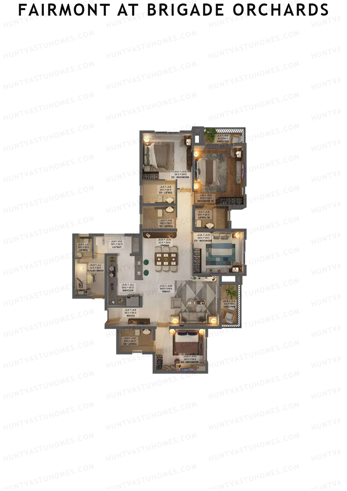 Fairmont At Brigade Orchards, Tower A, Unit 3 (Type C3), 4BHK, Super Area 2188   sq ft 