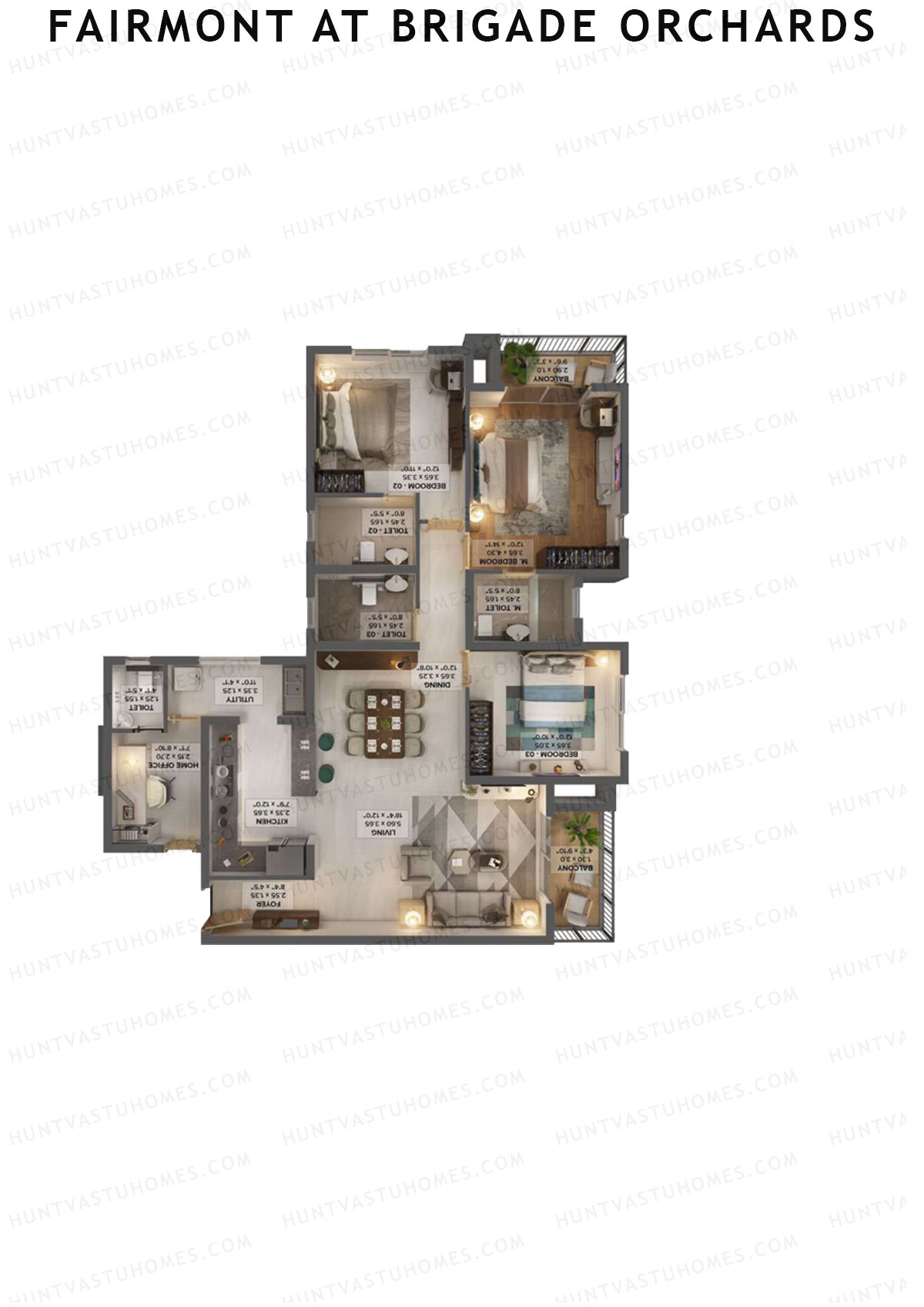 Fairmont At Brigade Orchards, Tower A, Unit 4 (Type A1), 3BHK, Super Area 1940   sq ft 