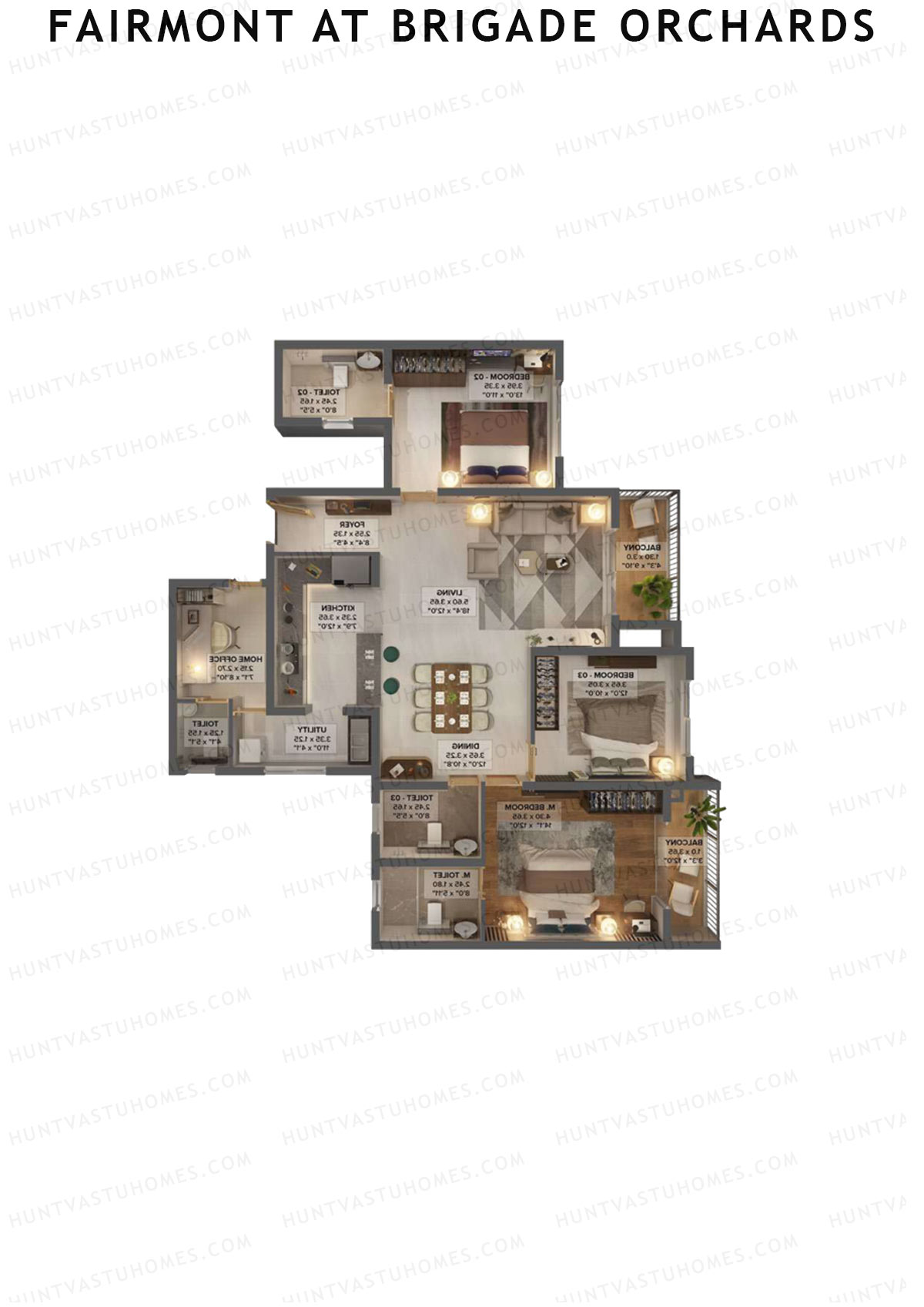 Fairmont At Brigade Orchards, Tower A, Unit 5 (Type B1), 3BHK, Super Area 1905   sq ft 