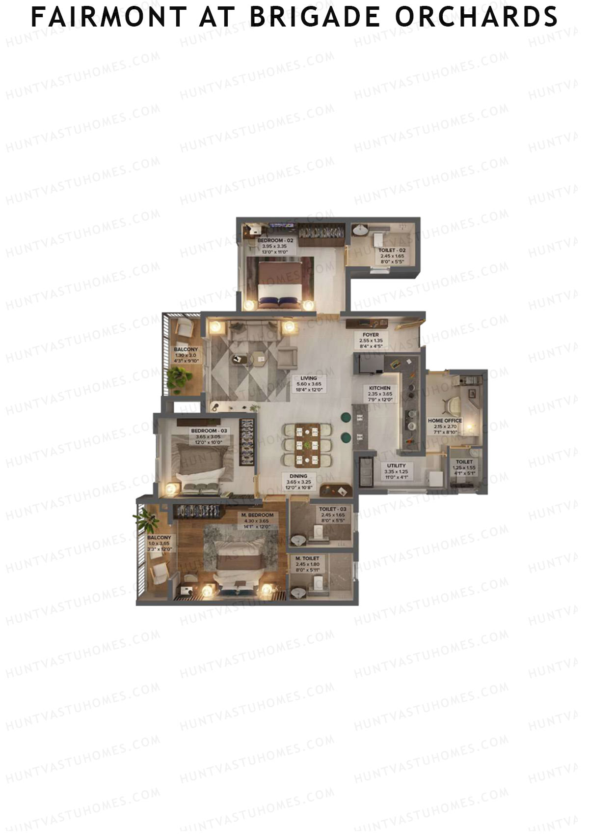 Fairmont At Brigade Orchards, Tower A, Unit 6 (Type B1), 3BHK, Super Area 1905   sq ft 