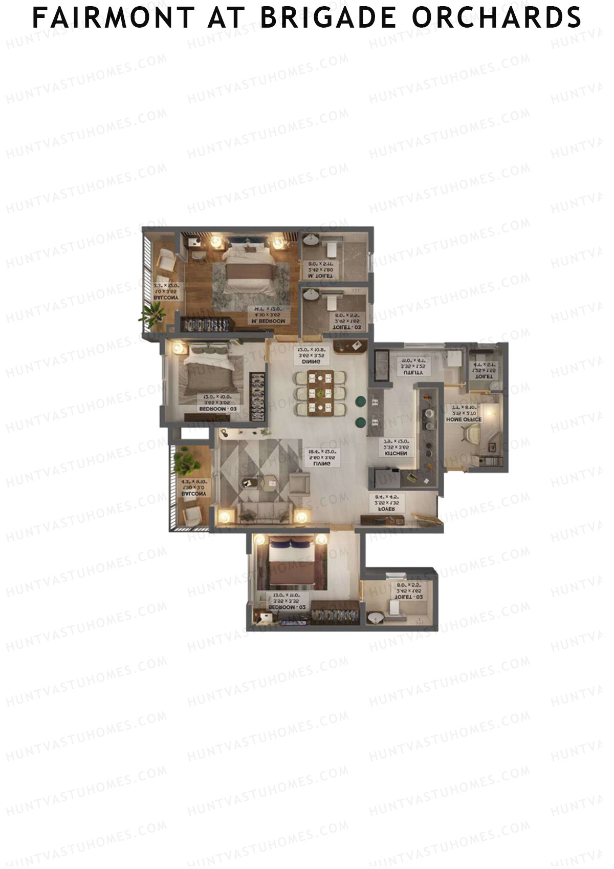 Fairmont At Brigade Orchards, Tower A, Unit 7 (Type B1), 3BHK, Super Area 1905   sq ft 