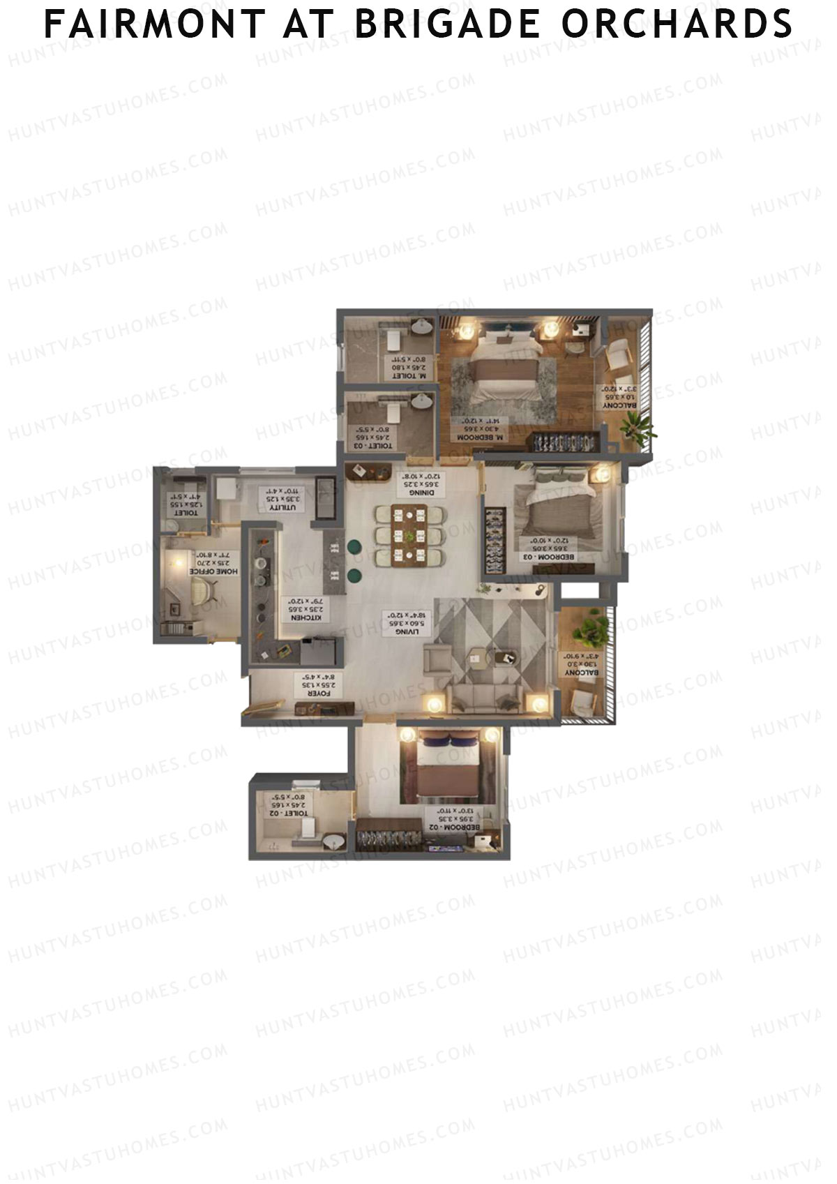Fairmont At Brigade Orchards, Tower A, Unit 8 (Type B1), 3BHK, Super Area 1905   sq ft 