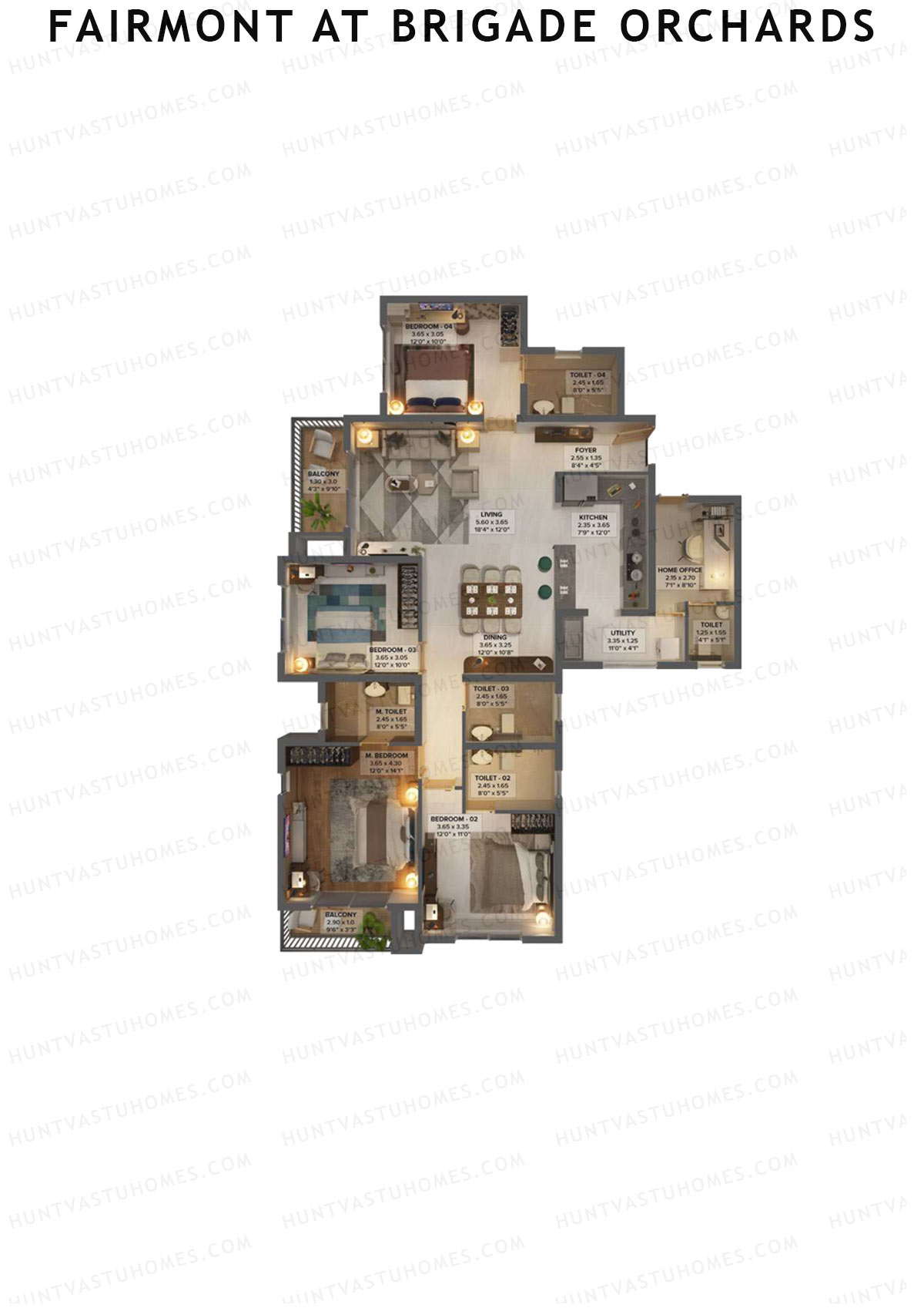 Fairmont At Brigade Orchards, Tower B, Unit 11 (Type C3), 4BHK, Super Area 2188   sq ft 