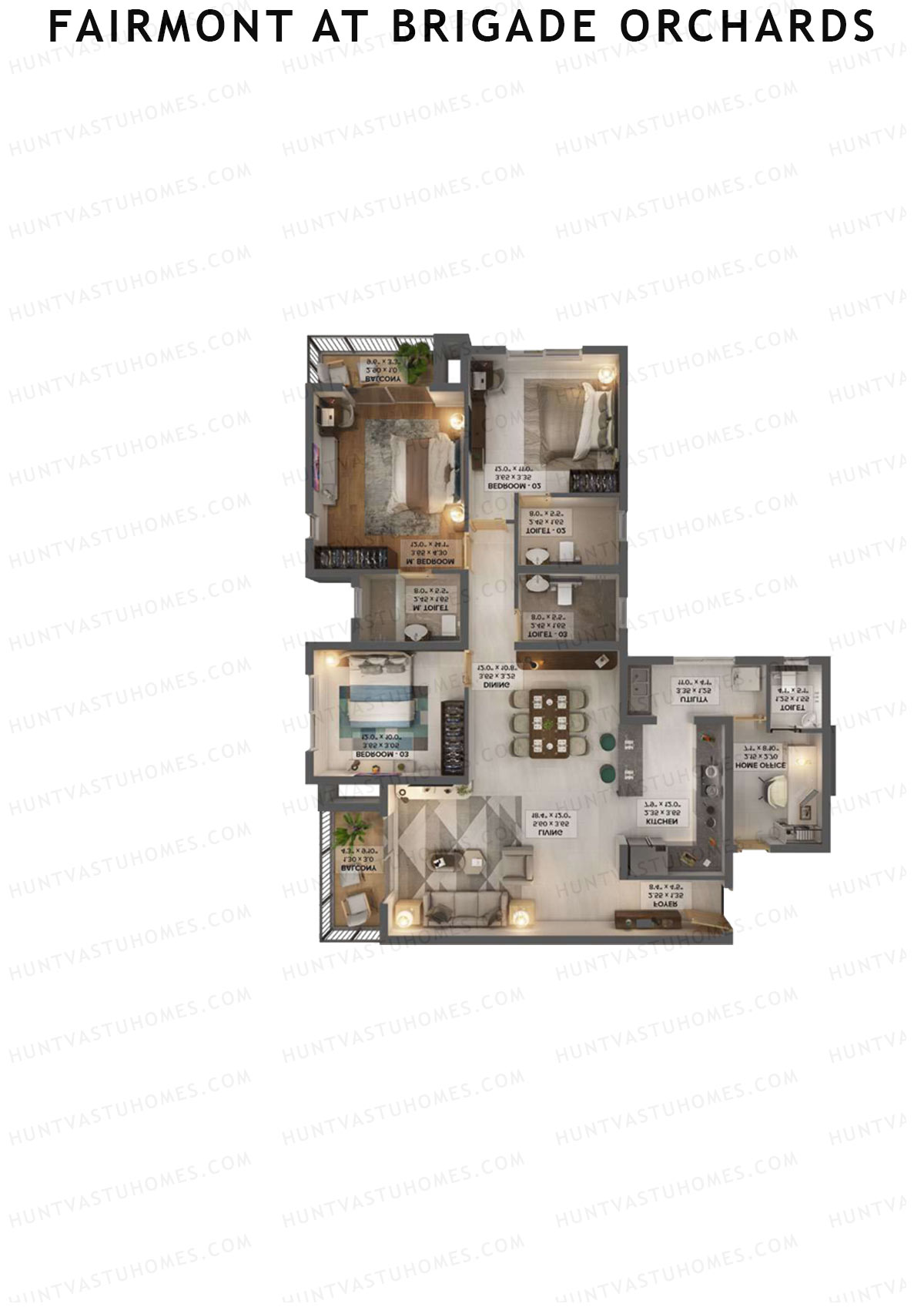 Fairmont At Brigade Orchards, Tower B, Unit 12 (Type A1), 3BHK, Super Area 1940   sq ft 