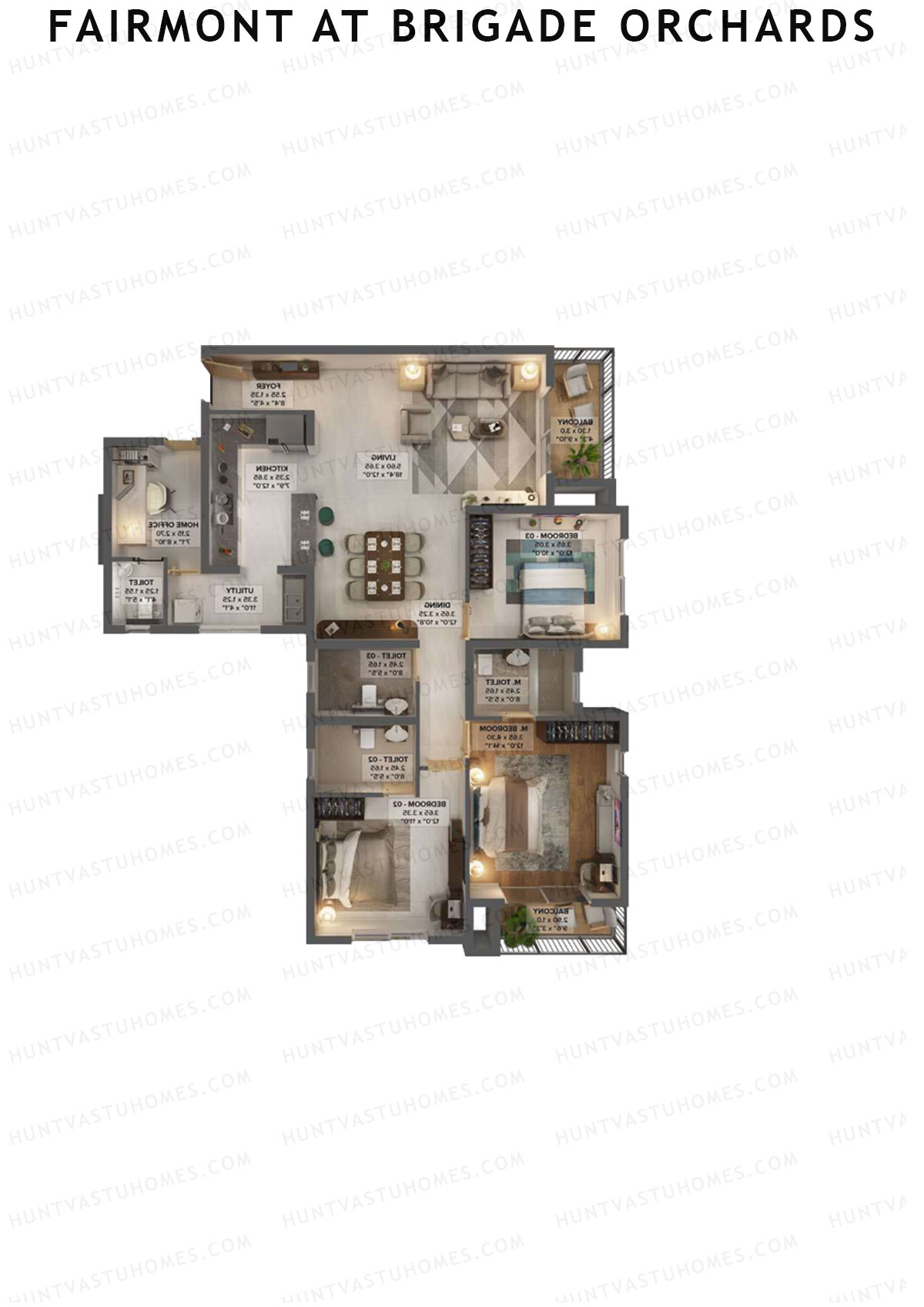 Fairmont At Brigade Orchards, Tower B, Unit 9 (Type A1), 3BHK, Super Area 1940   sq ft 
