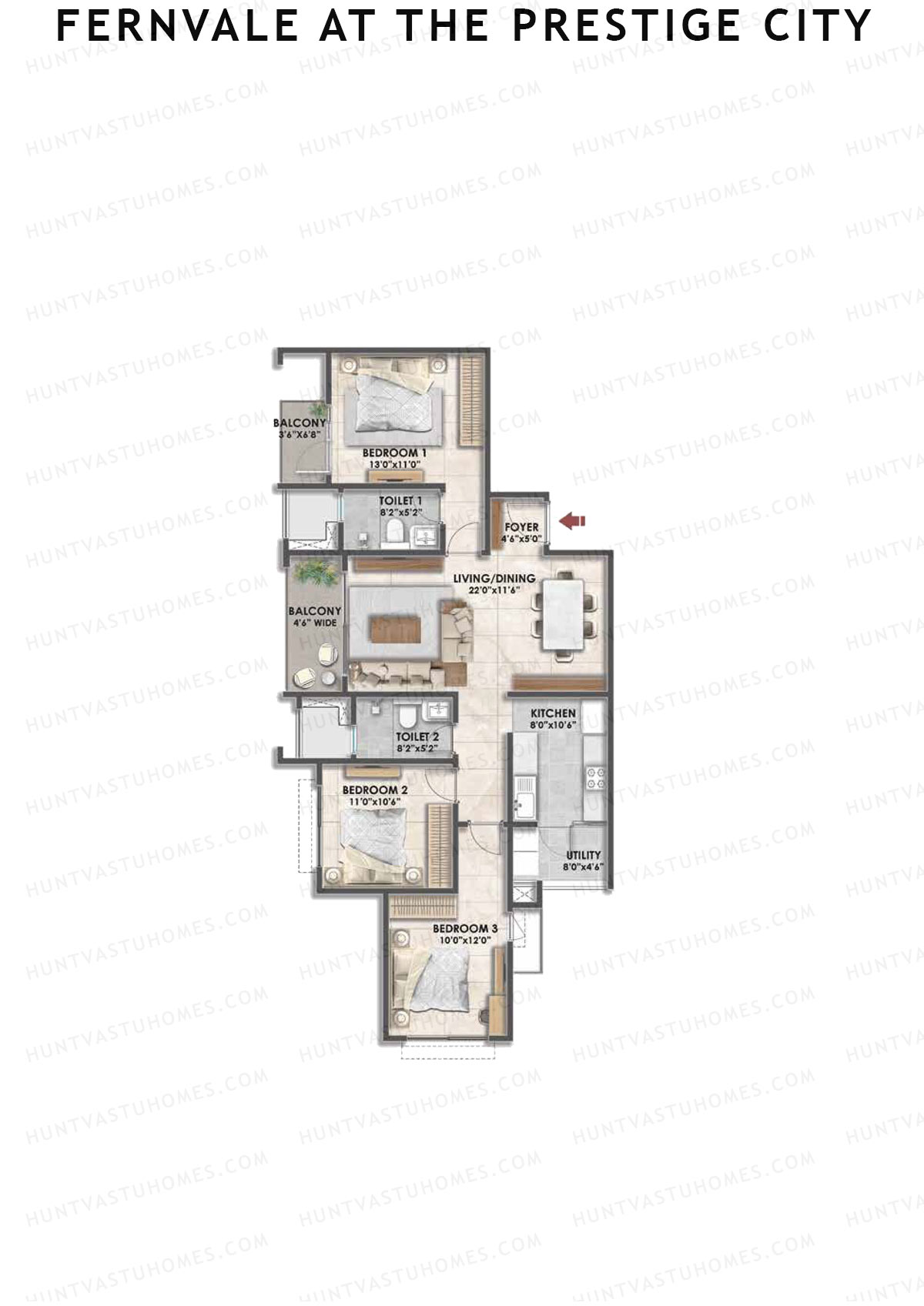 Fernvale at The Prestige City, Tower 1, Unit 2, 3BHK, Carpet Area 1513   sq ft 