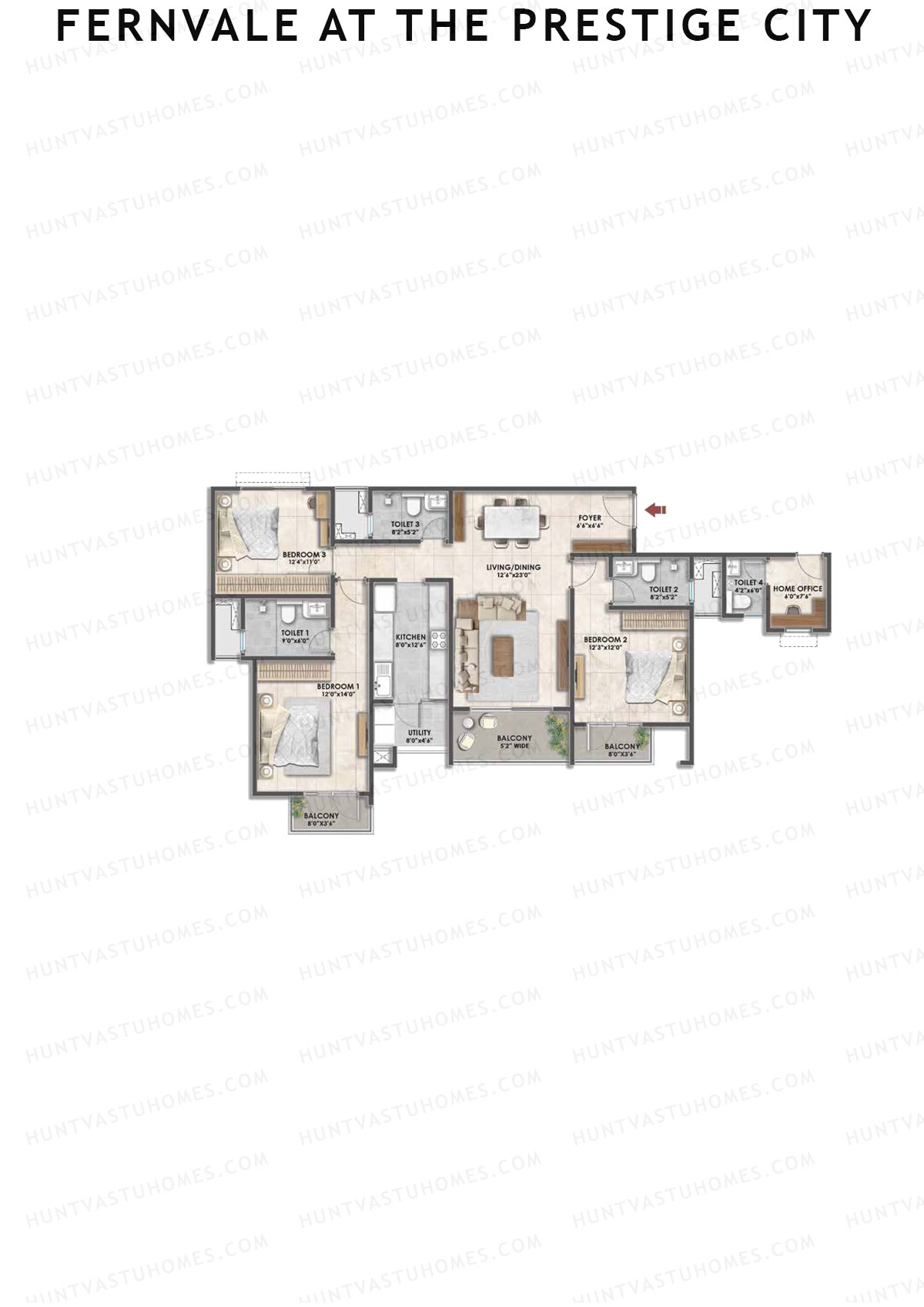 Fernvale at The Prestige City, Tower 1, Unit 3, 3BHK, Carpet Area 1996   sq ft 