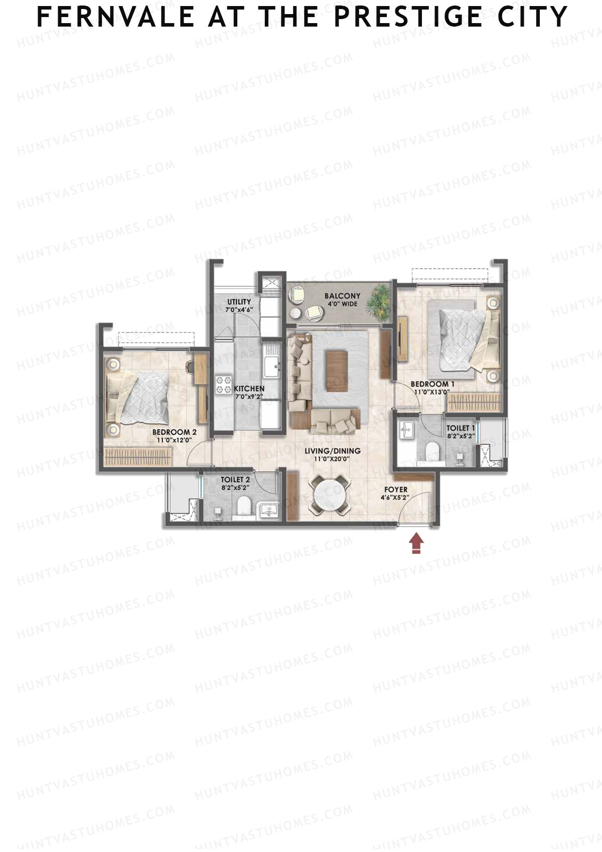 Fernvale at The Prestige City, Tower 1, Unit 4, 2BHK, Carpet Area 1143   sq ft 