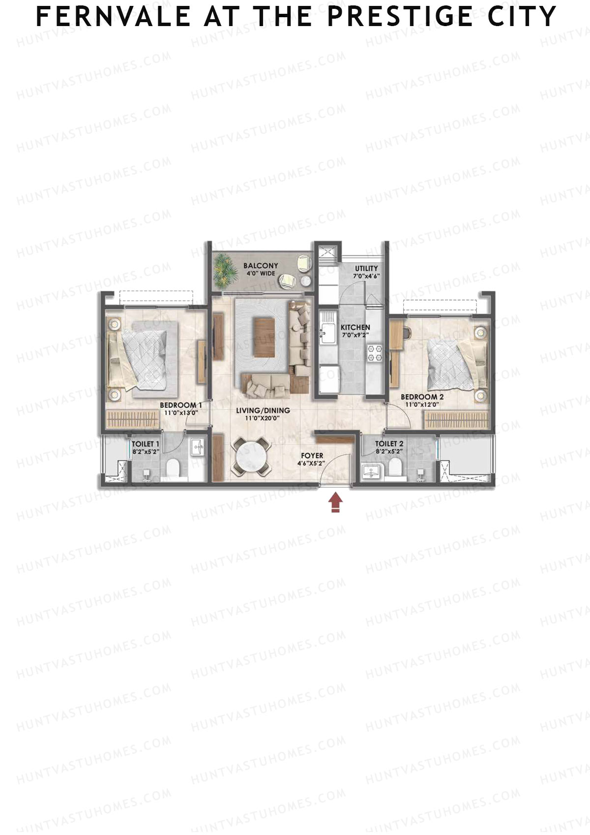 Fernvale at The Prestige City, Tower 1, Unit 5, 2BHK, Carpet Area 1152   sq ft 