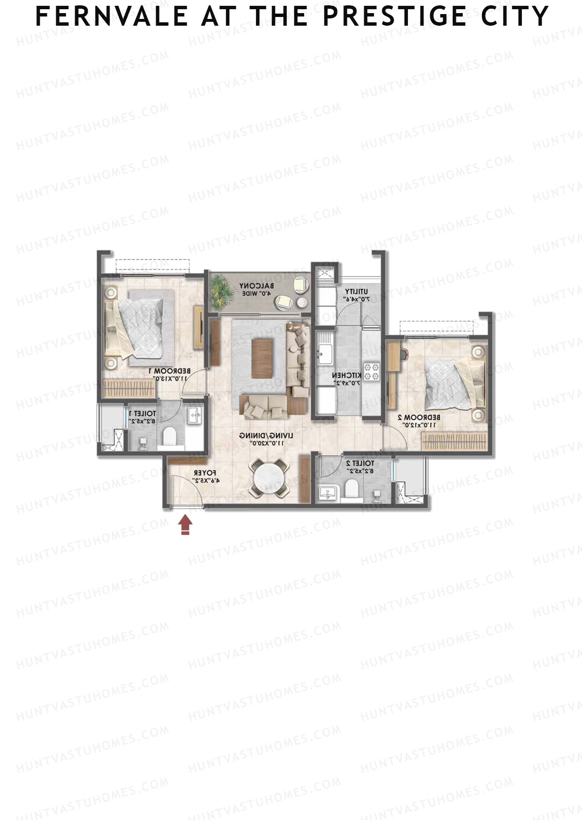 Fernvale at The Prestige City, Tower 1, Unit 6, 2BHK, Carpet Area 1143   sq ft 