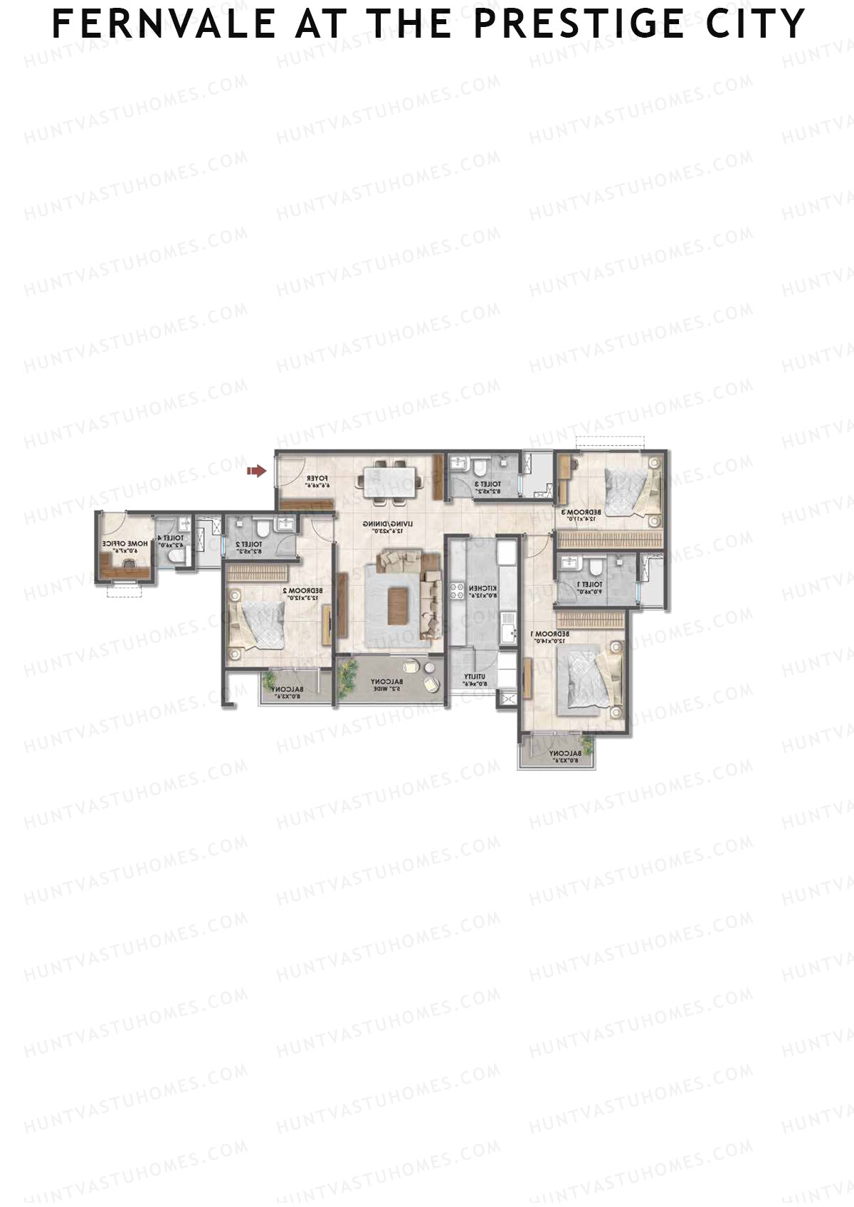 Fernvale at The Prestige City, Tower 1, Unit 7, 3BHK, Carpet Area 1996   sq ft 