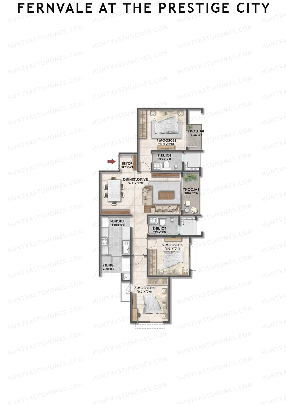Fernvale at The Prestige City, Tower 2, Unit 1, 3BHK, Carpet Area 1513   sq ft 