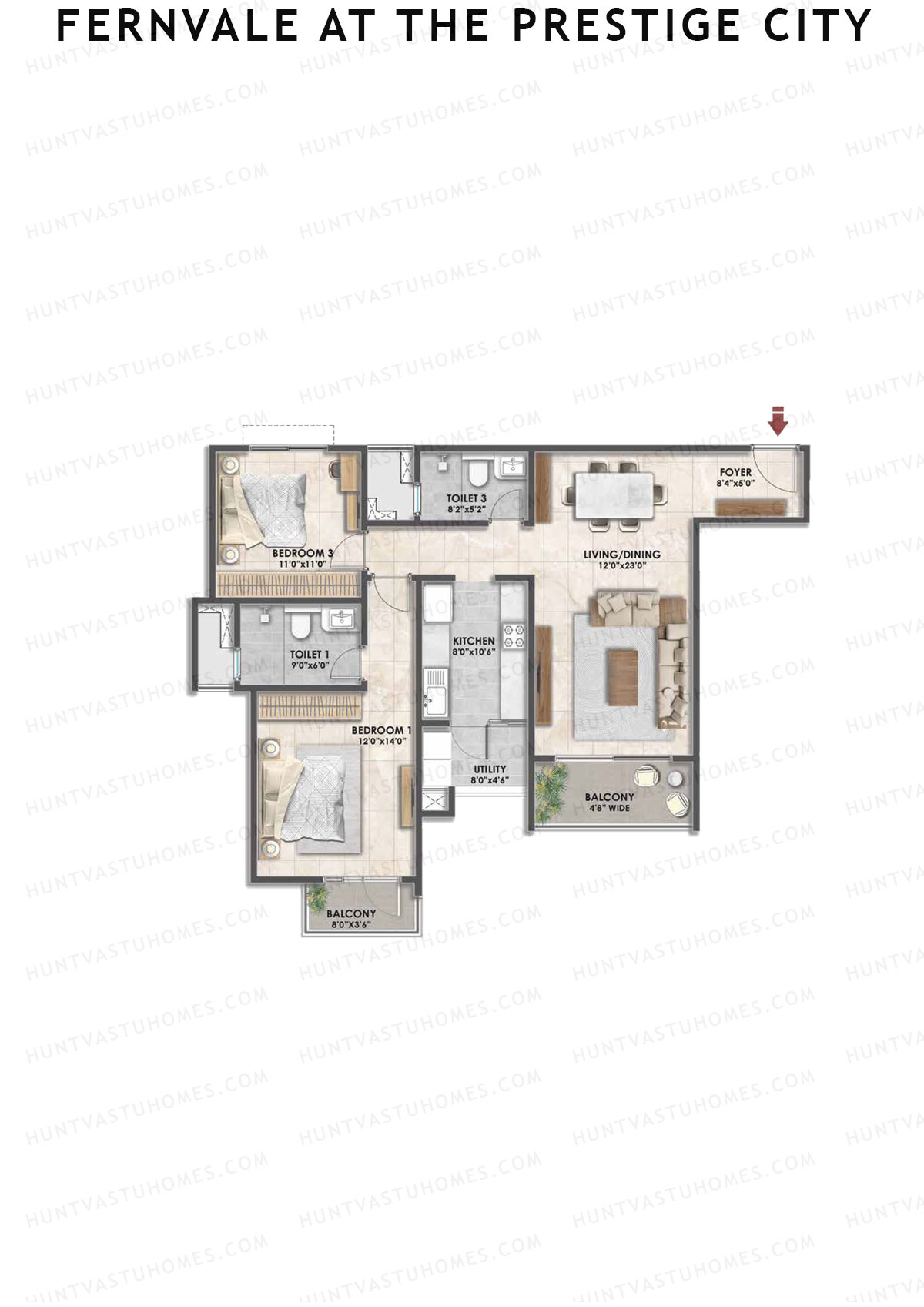 Fernvale at The Prestige City, Tower 2, Unit 3, 2BHK, Carpet Area 1458   sq ft 