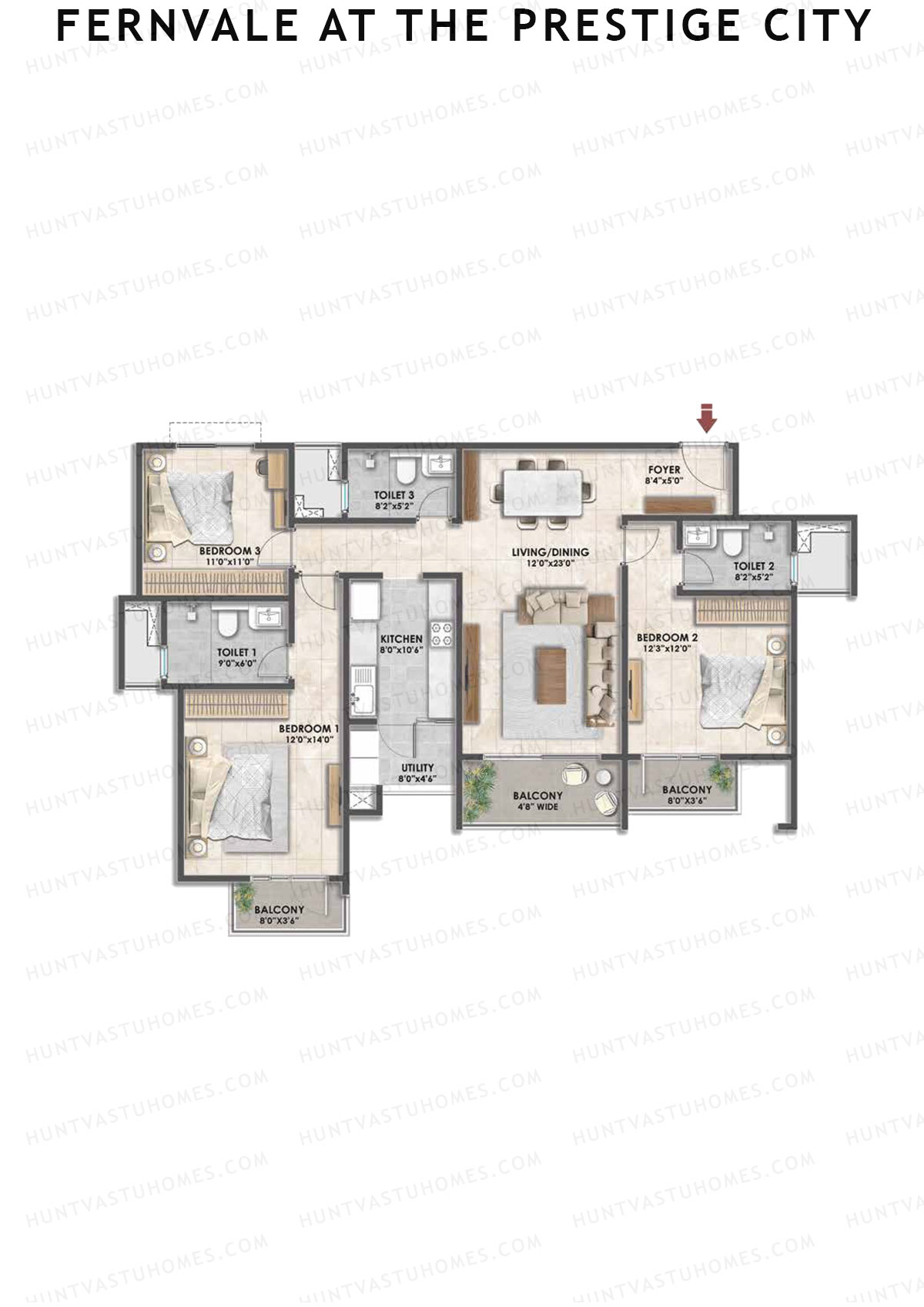 Fernvale at The Prestige City, Tower 2, Unit 3, 3BHK, Carpet Area 1808   sq ft 