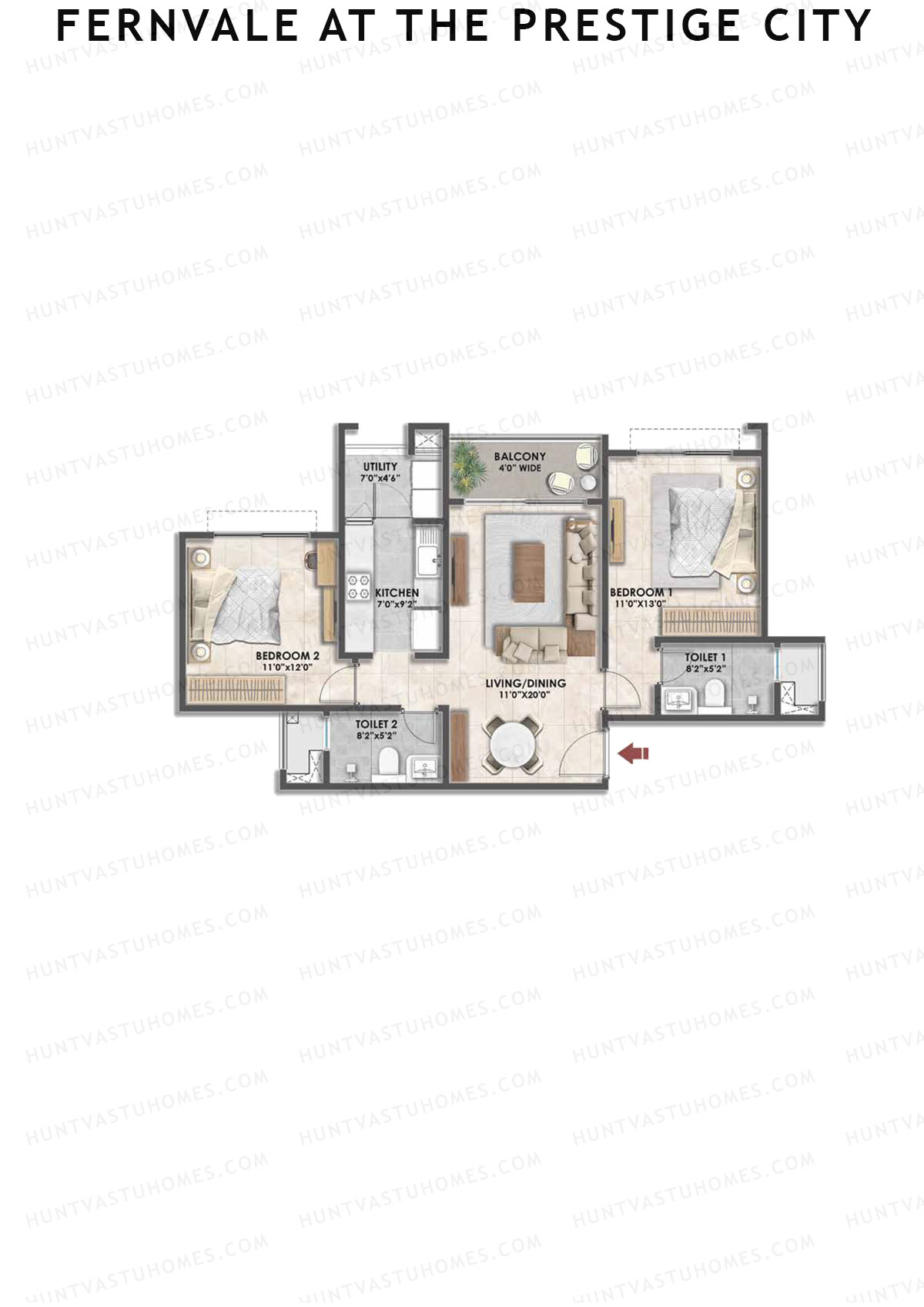 Fernvale at The Prestige City, Tower 2, Unit 4, 2BHK, Carpet Area 1140   sq ft 