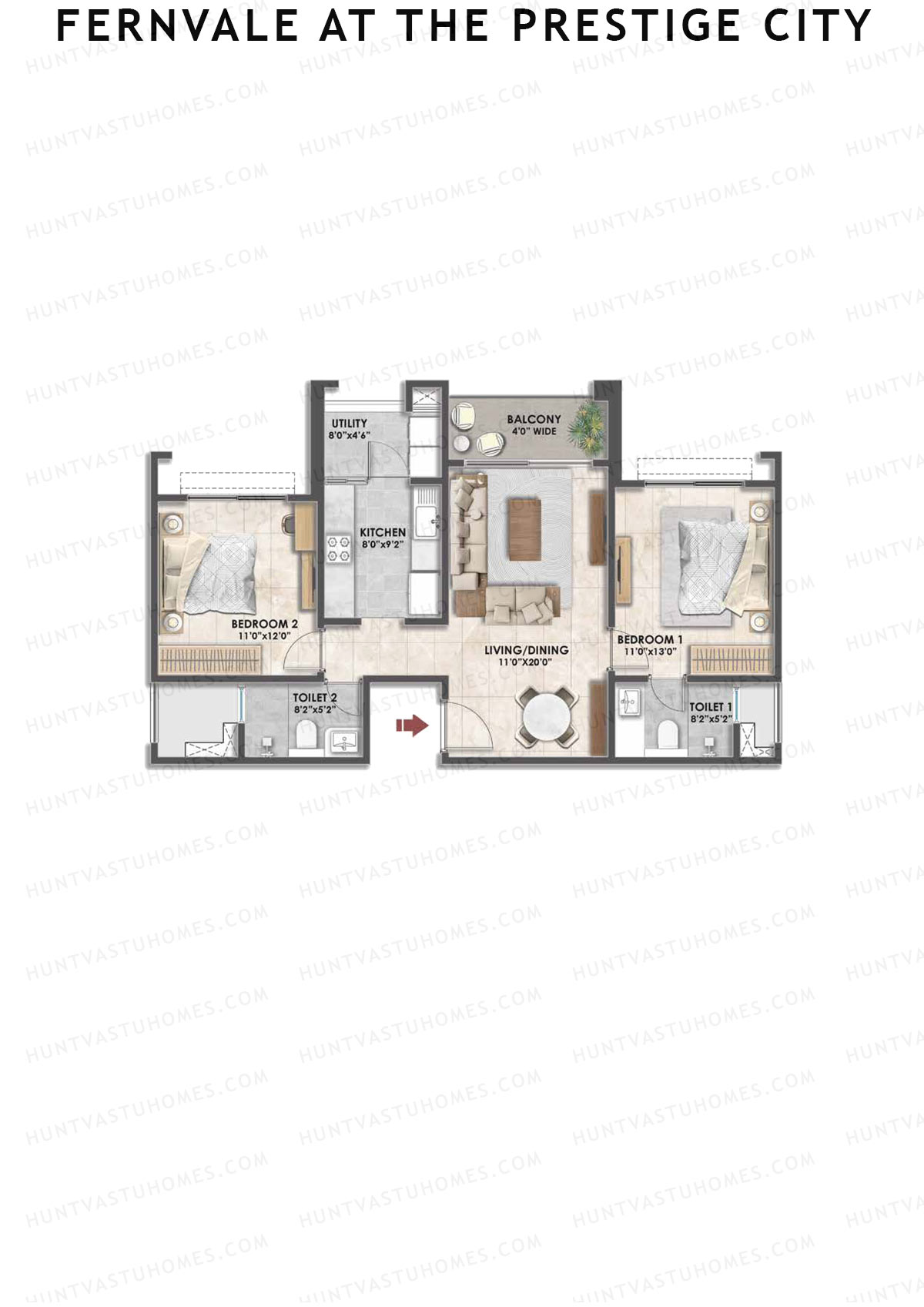 Fernvale at The Prestige City, Tower 2, Unit 5, 2BHK, Carpet Area 1150   sq ft 