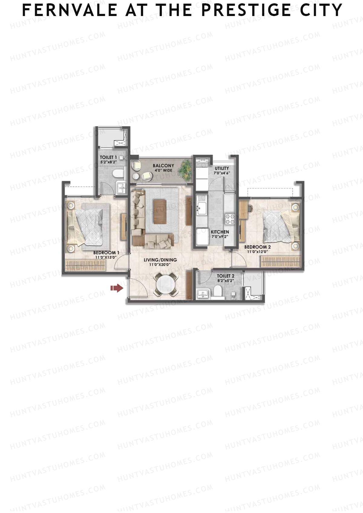 Fernvale at The Prestige City, Tower 2, Unit 6, 2BHK, Carpet Area 1113   sq ft 