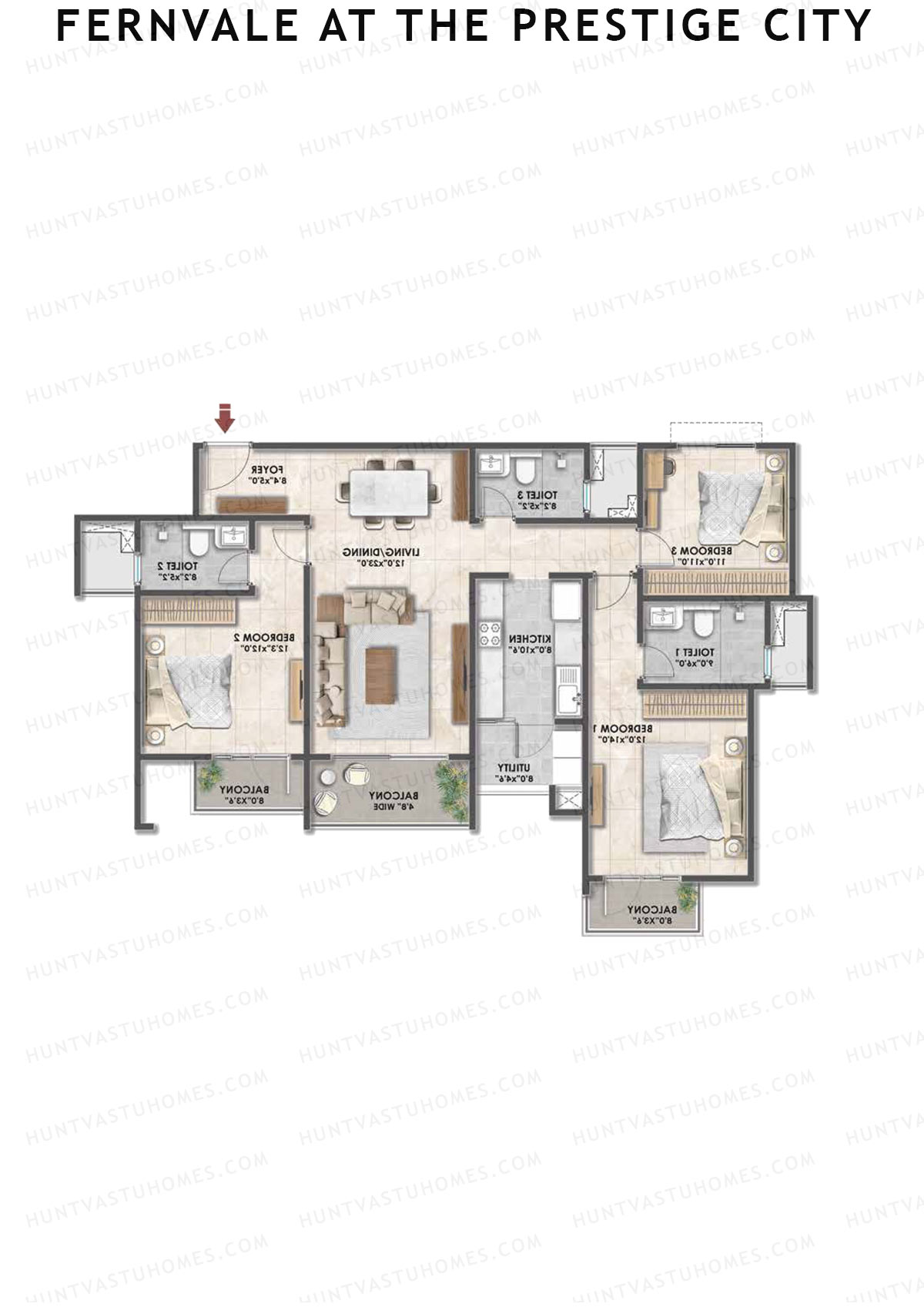 Fernvale at The Prestige City, Tower 2, Unit 7, 3BHK, Carpet Area 1808   sq ft 