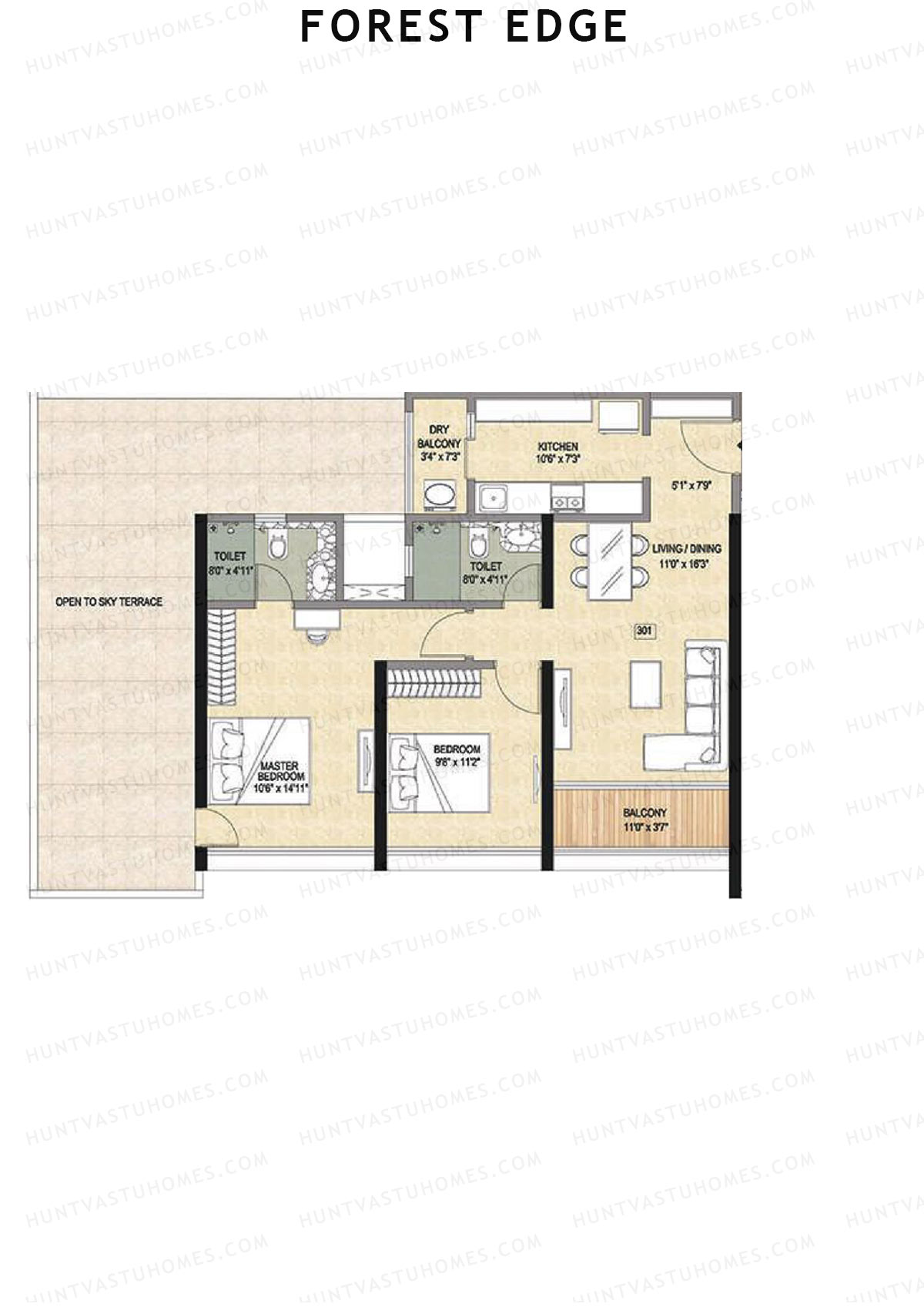 Forest Edge, Wing A, Unit 1, 2BHK, Super Area 1191   sq ft 