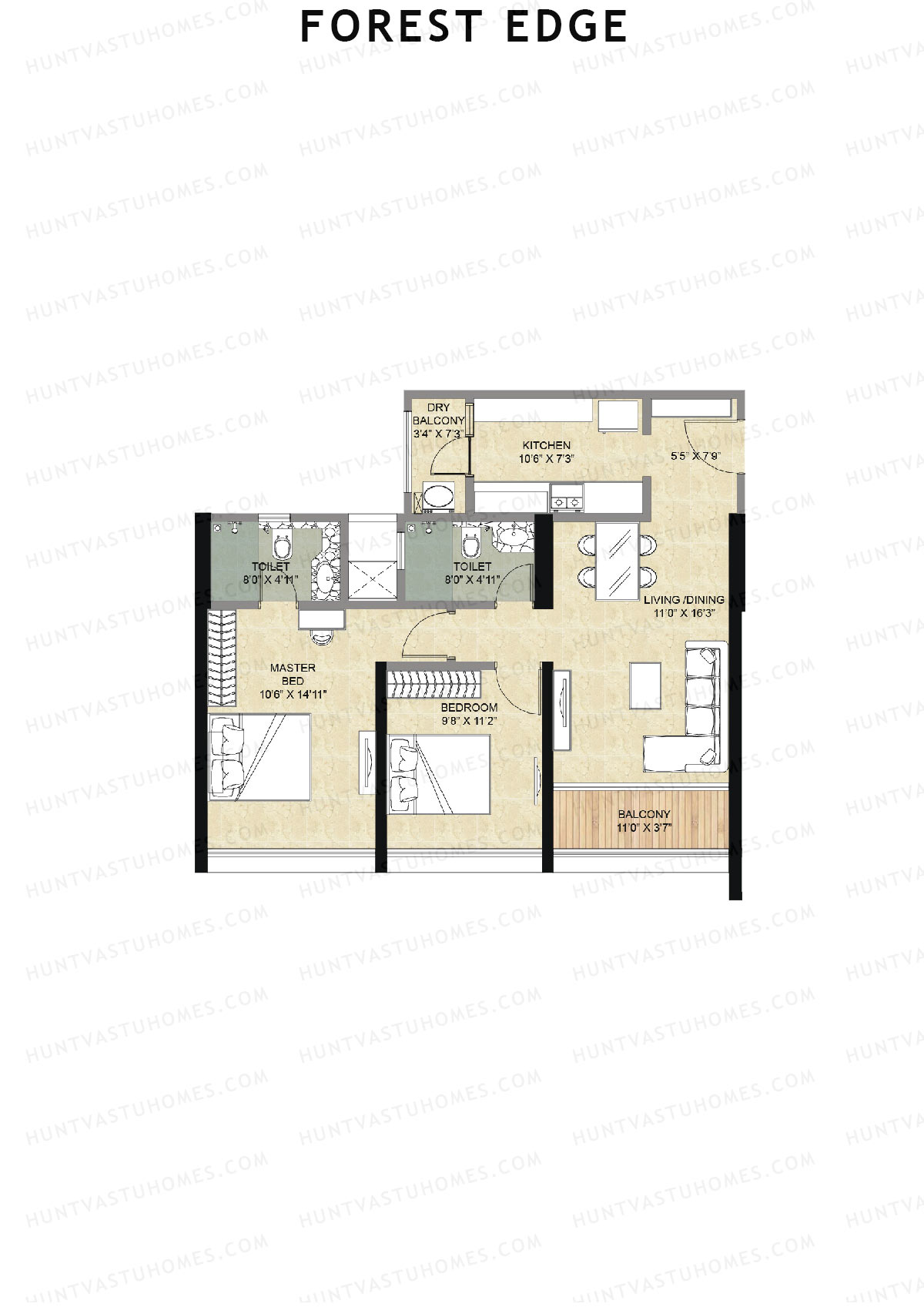Forest Edge, Wing A, Unit 1, 2BHK, Super Area 793   sq ft 