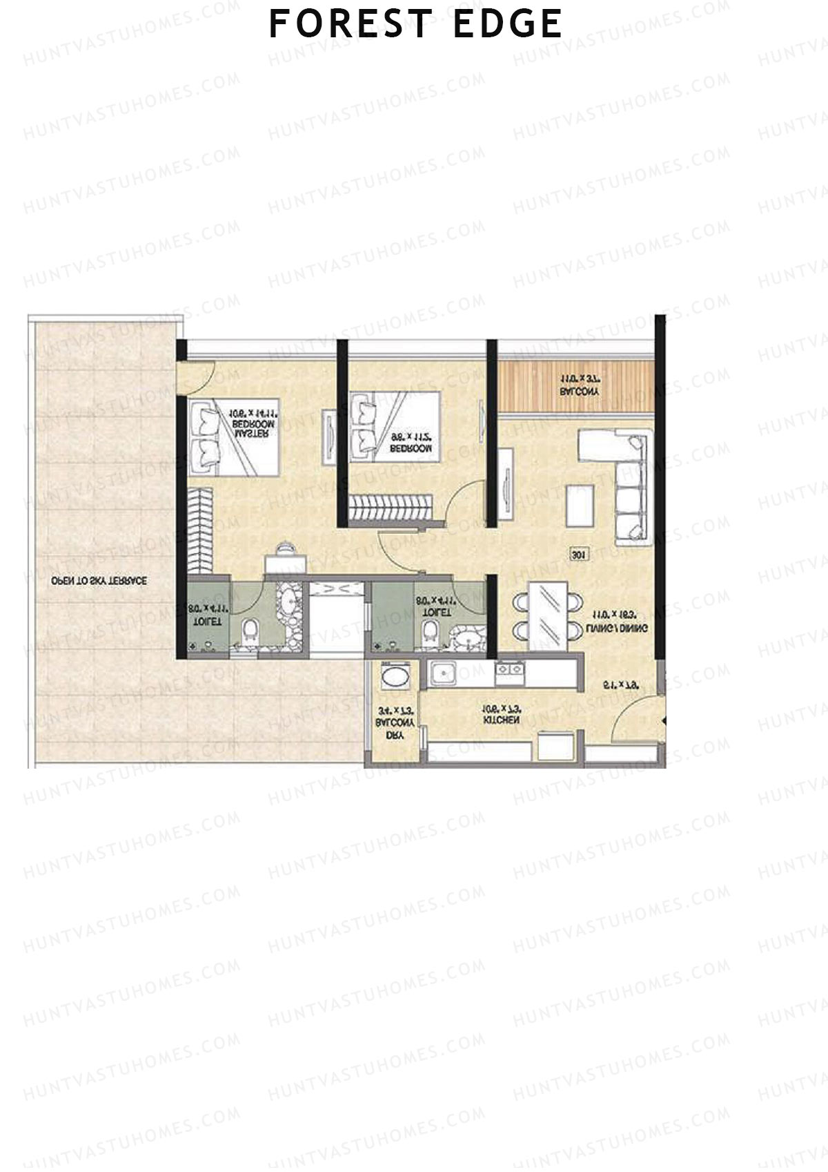 Forest Edge, Wing A, Unit 2, 2BHK, Super Area 1190   sq ft 
