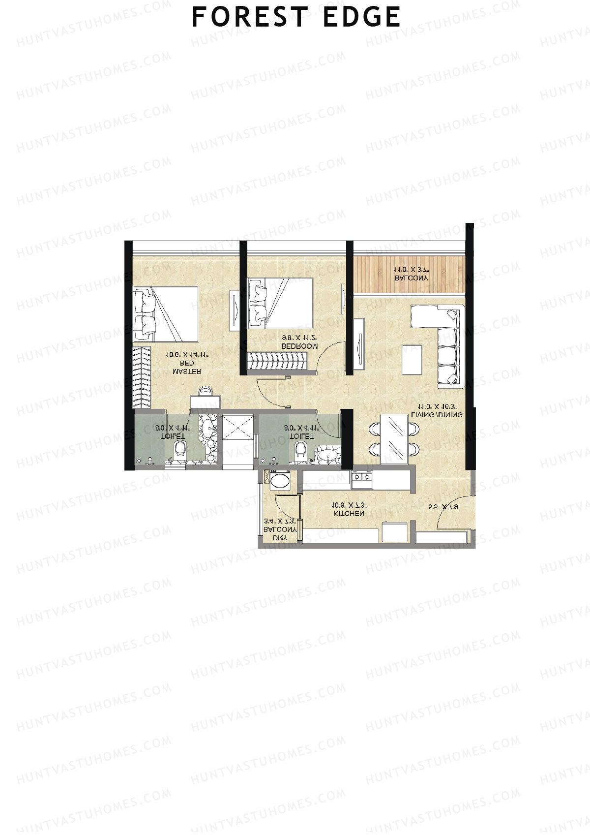 Forest Edge, Wing A, Unit 2, 2BHK, Super Area 793   sq ft 