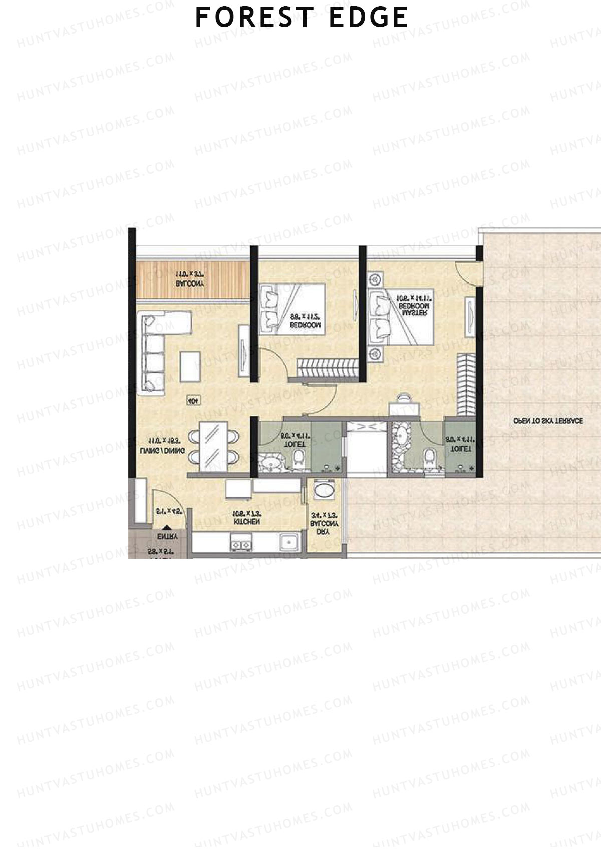 Forest Edge, Wing A, Unit 3, 2BHK, Super Area 1244   sq ft 