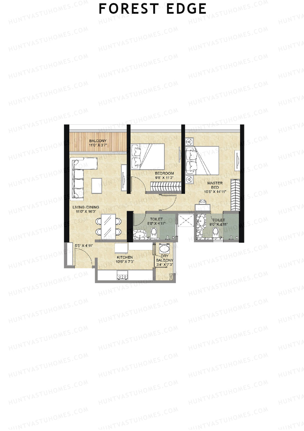 Forest Edge, Wing A, Unit 3, 2BHK, Super Area 777   sq ft 
