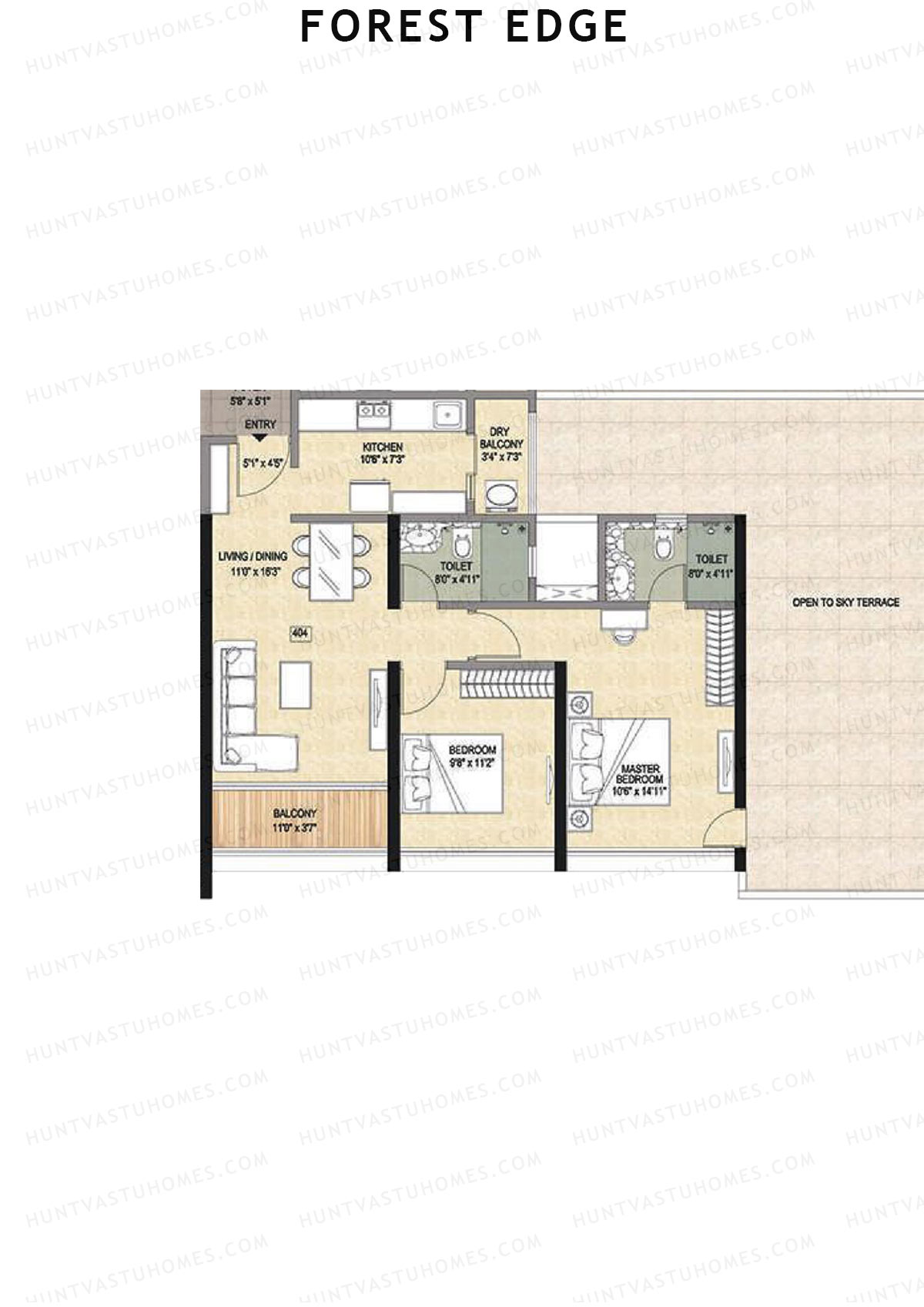 Forest Edge, Wing A, Unit 4, 2BHK, Super Area 1244   sq ft 