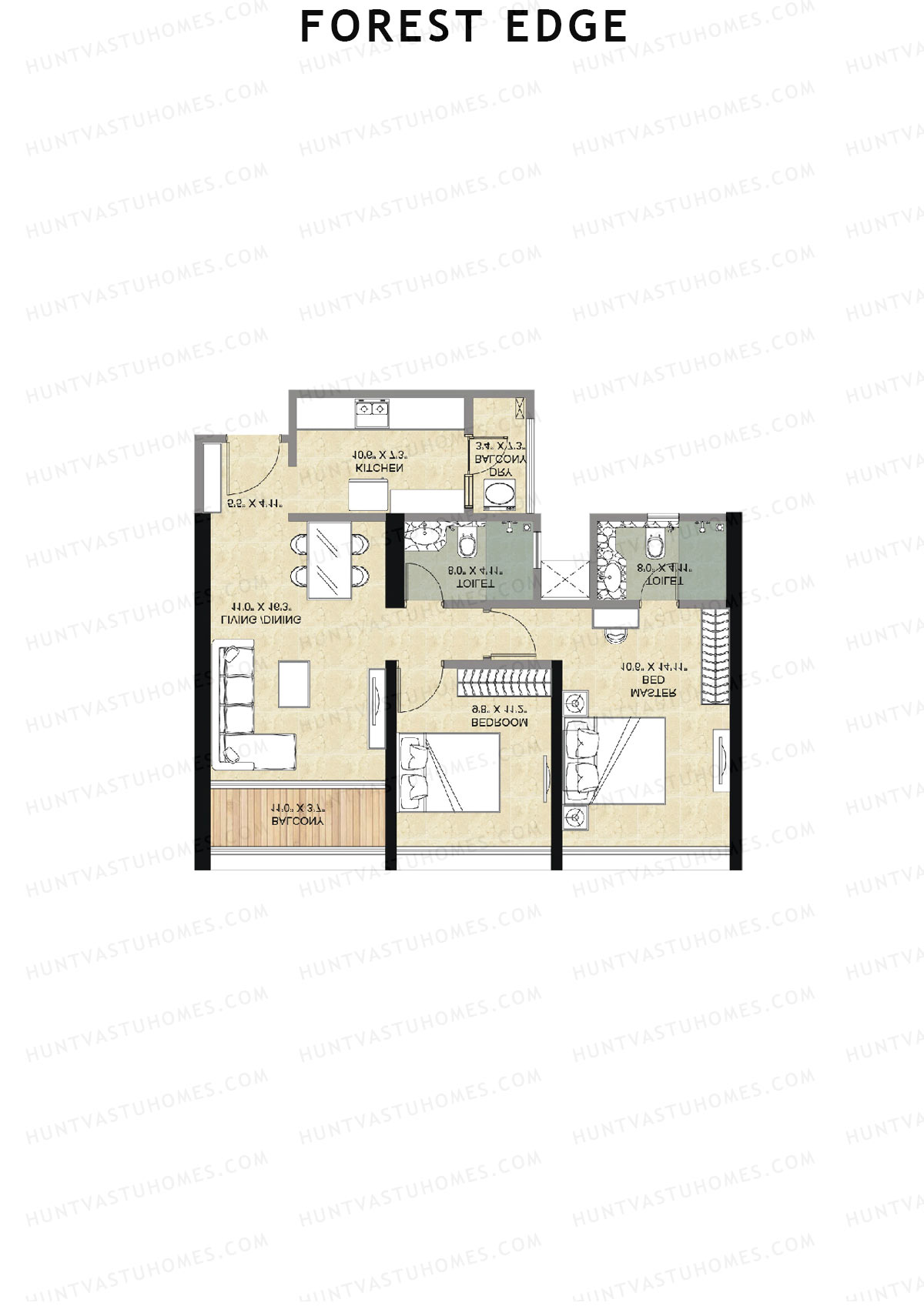 Forest Edge, Wing A, Unit 4, 2BHK, Super Area 777   sq ft 