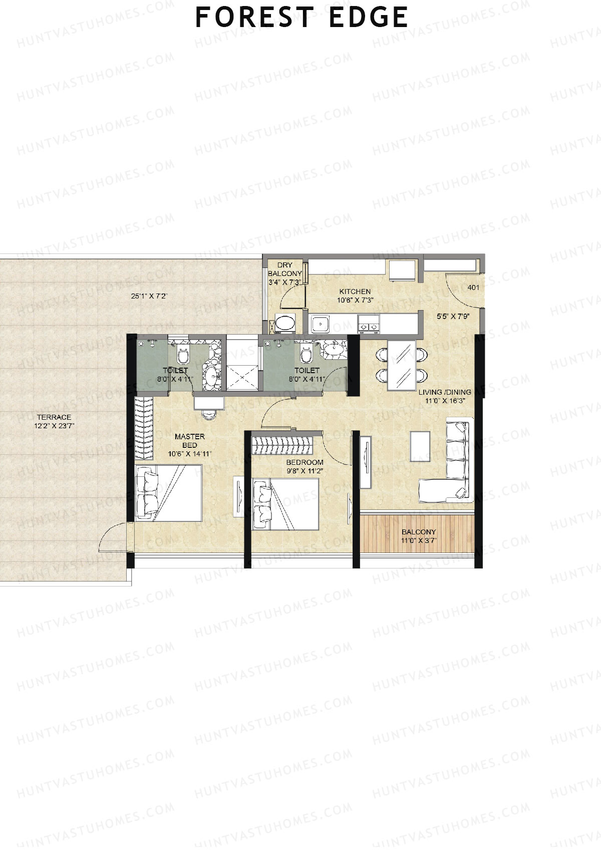 Forest Edge, Wing B, Unit 1, 2BHK, Super Area 1261   sq ft 