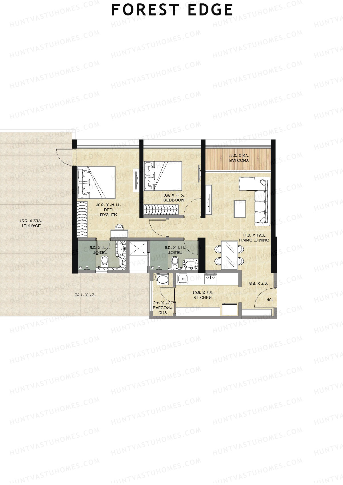 Forest Edge, Wing B, Unit 2, 2BHK, Super Area 1260   sq ft 
