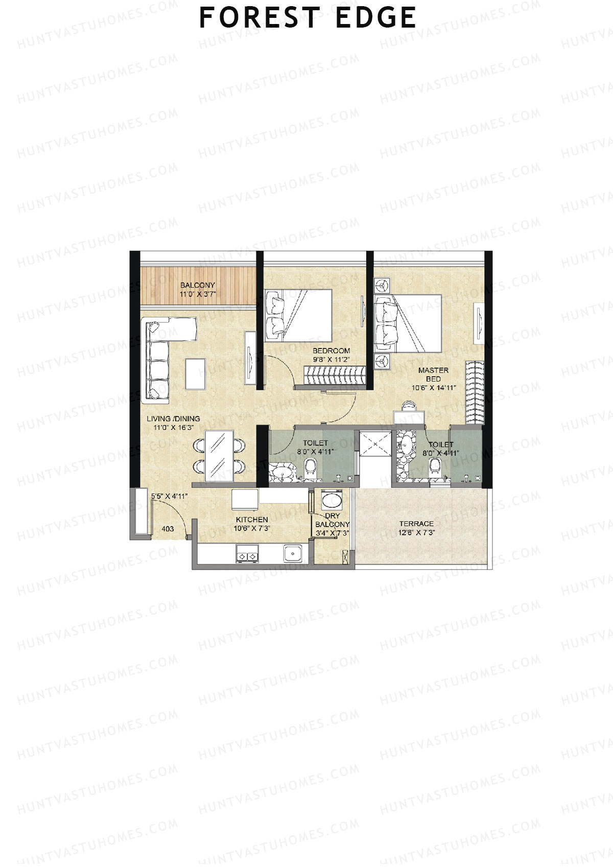 Forest Edge, Wing B, Unit 3, 2BHK, Super Area 869   sq ft 
