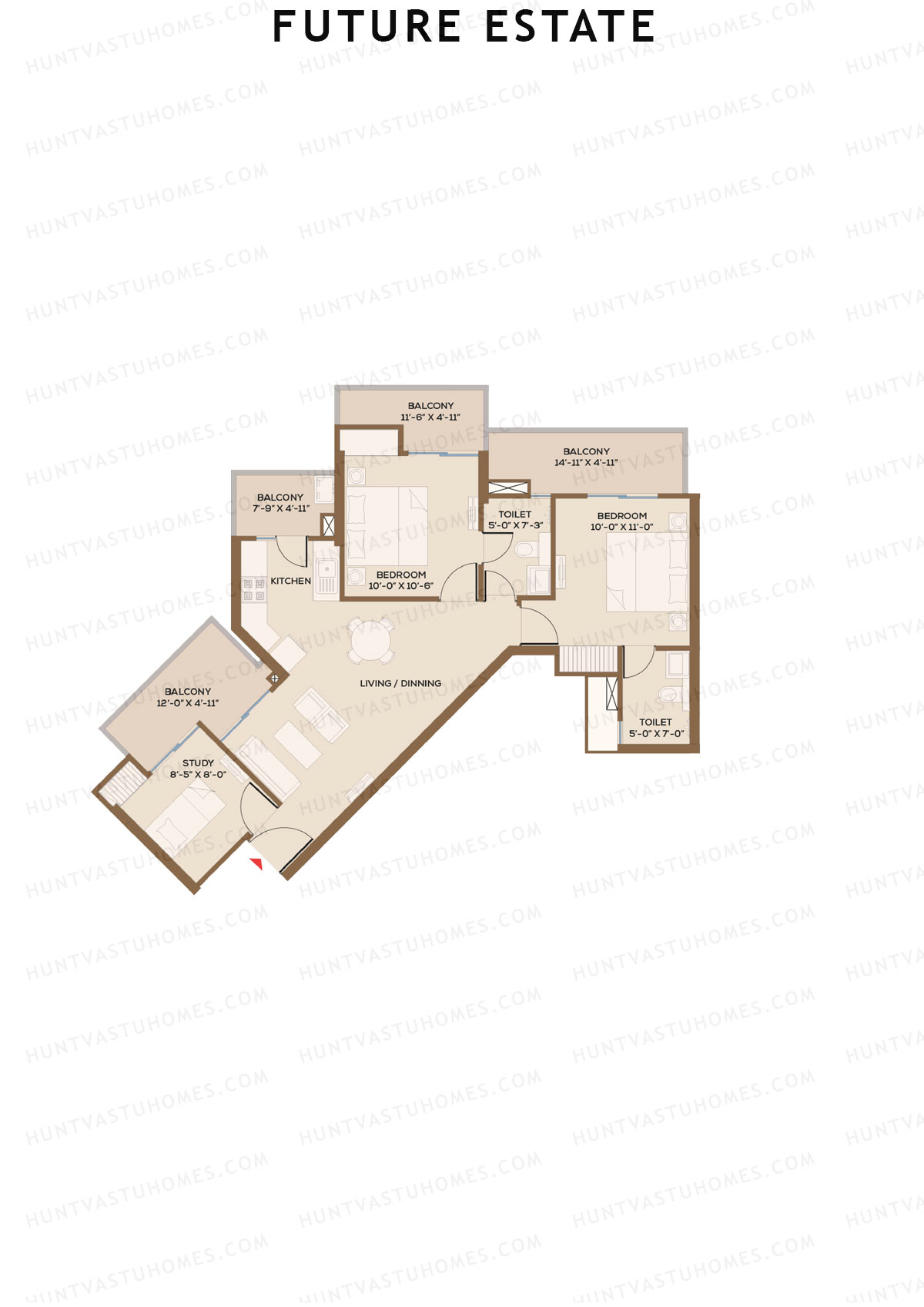 Future Estate, Wing A, Unit 3 (Type C1), 2BHK, Super Area 1335   sq ft 