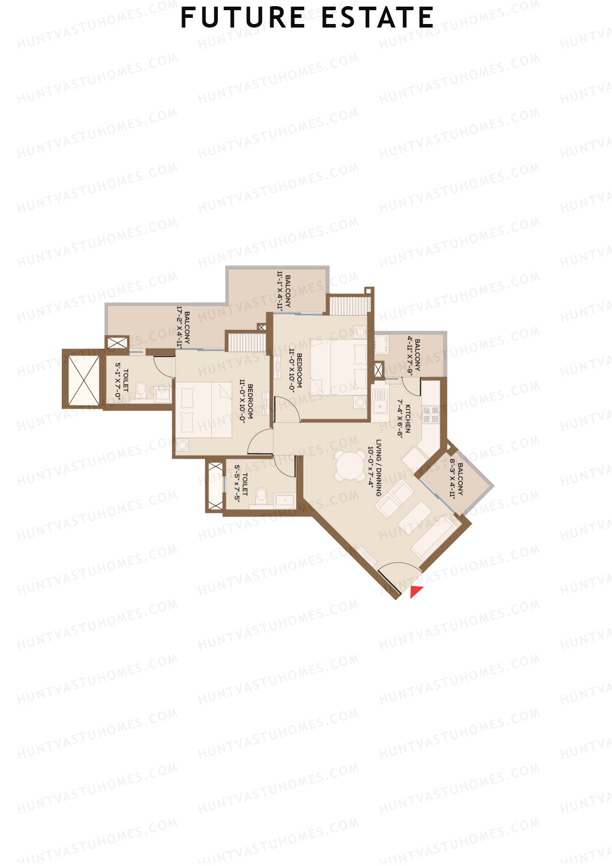Future Estate, Wing B, Unit 2 (Type A1), 2BHK, Super Area 1110   sq ft 