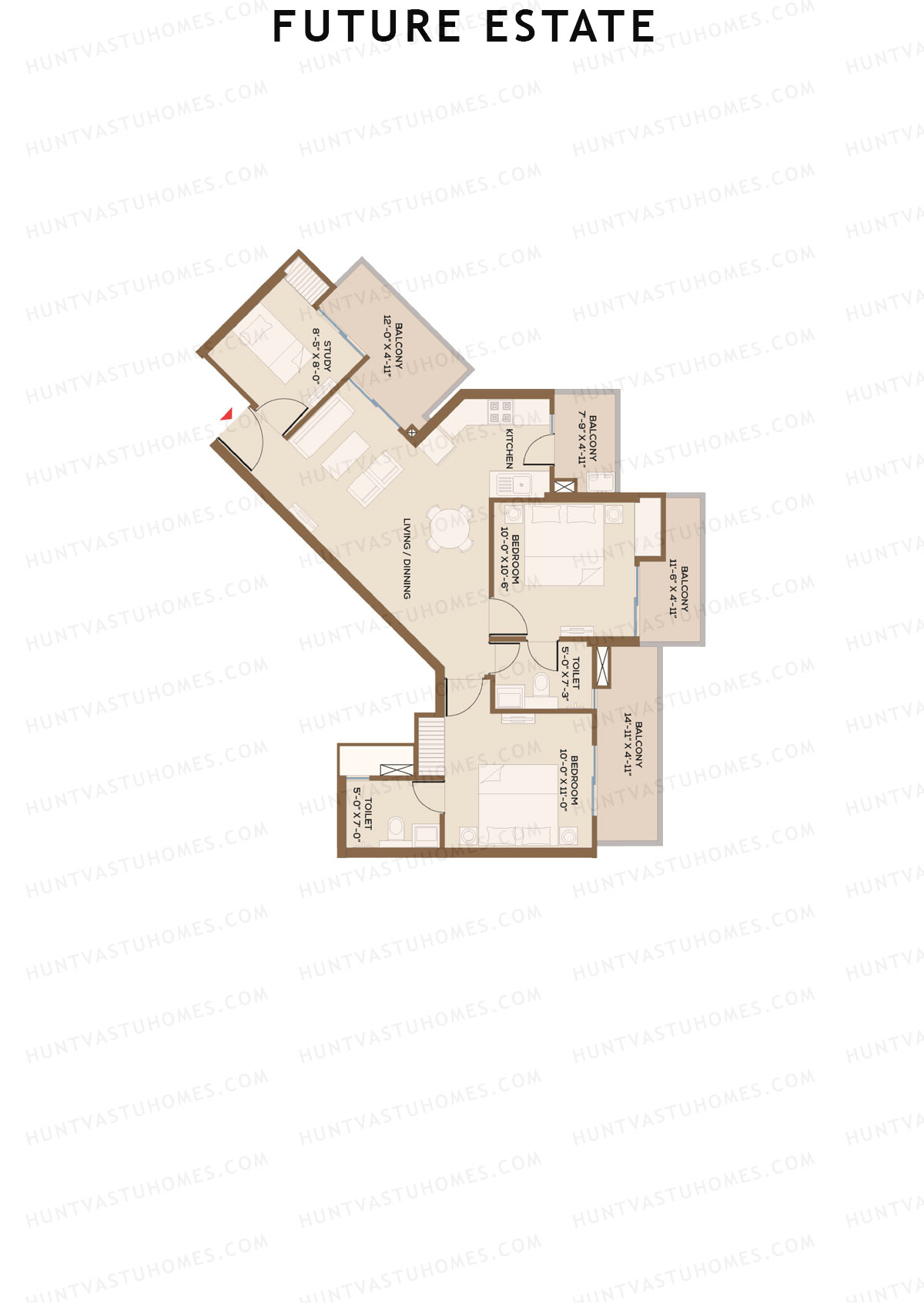 Future Estate, Wing B, Unit 3 (Type C1), 2BHK, Super Area 1335   sq ft 