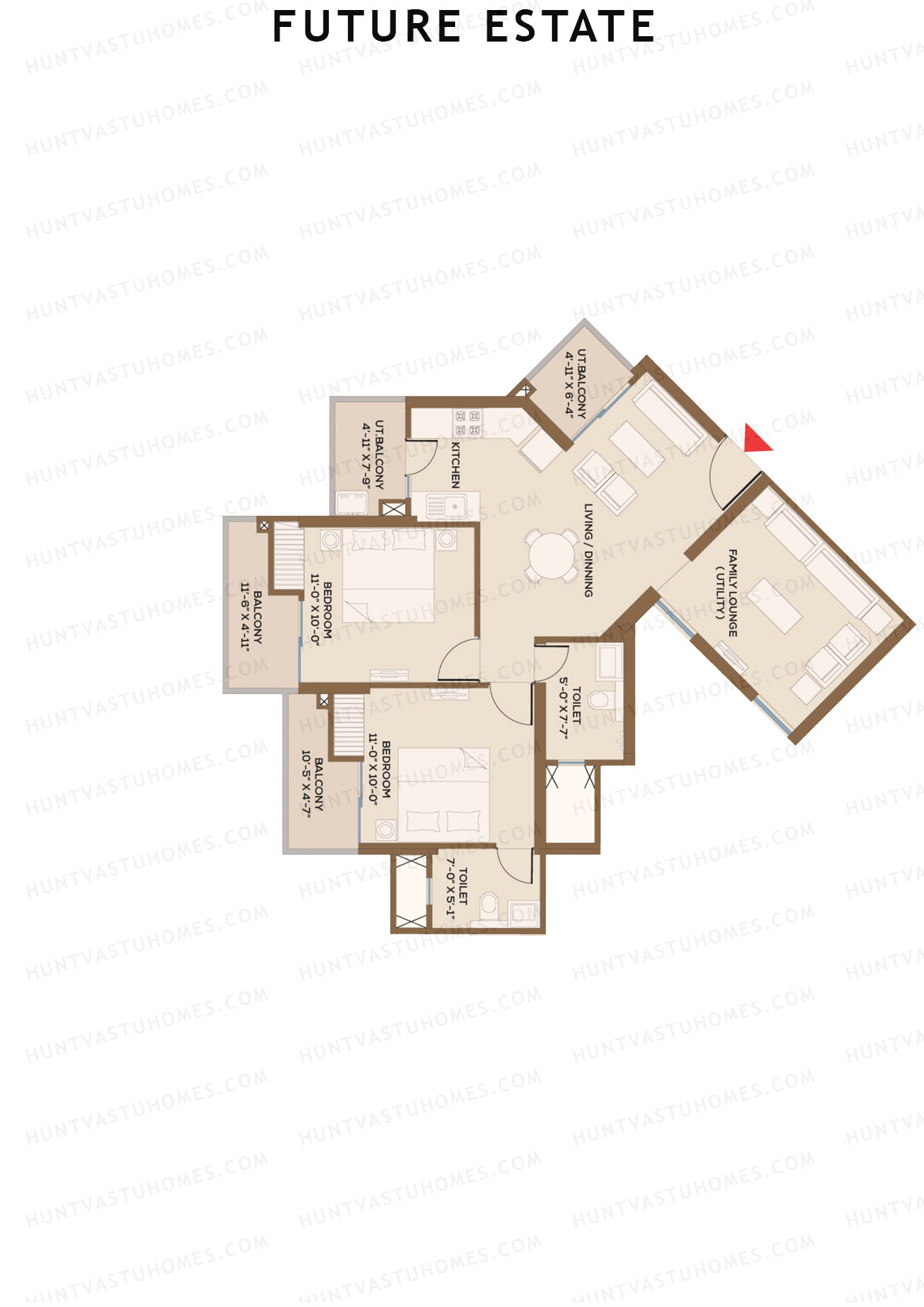 Future Estate, Wing B, Unit 6 (Type C2), 2BHK, Super Area 1435   sq ft 