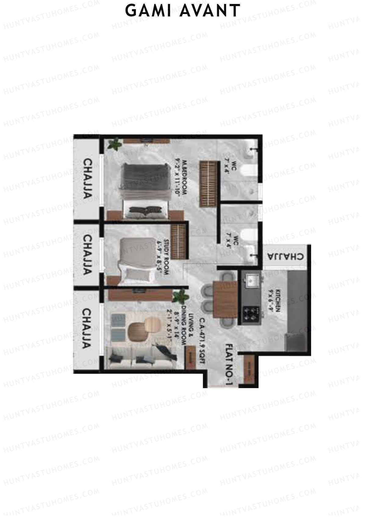 Gami Avant, Wing A, Unit 1, 2BHK, Carpet Area 471   sq ft 