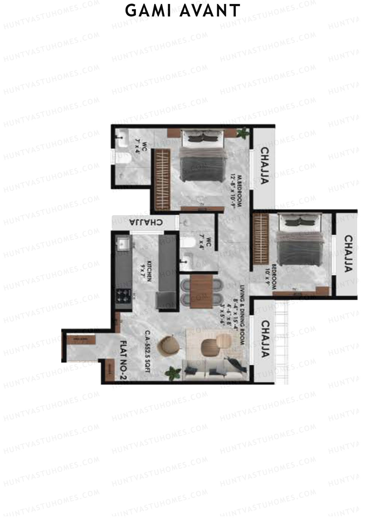 Gami Avant, Wing A, Unit 2, 2BHK, Carpet Area 552   sq ft 