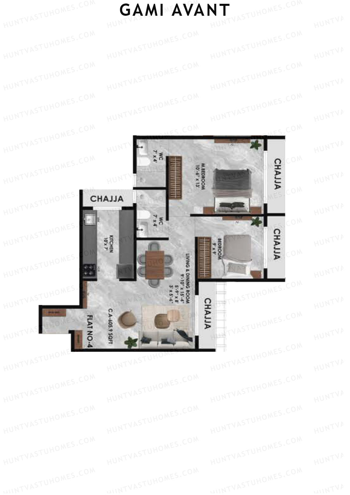 Gami Avant, Wing A, Unit 4, 2BHK, Carpet Area 605   sq ft 
