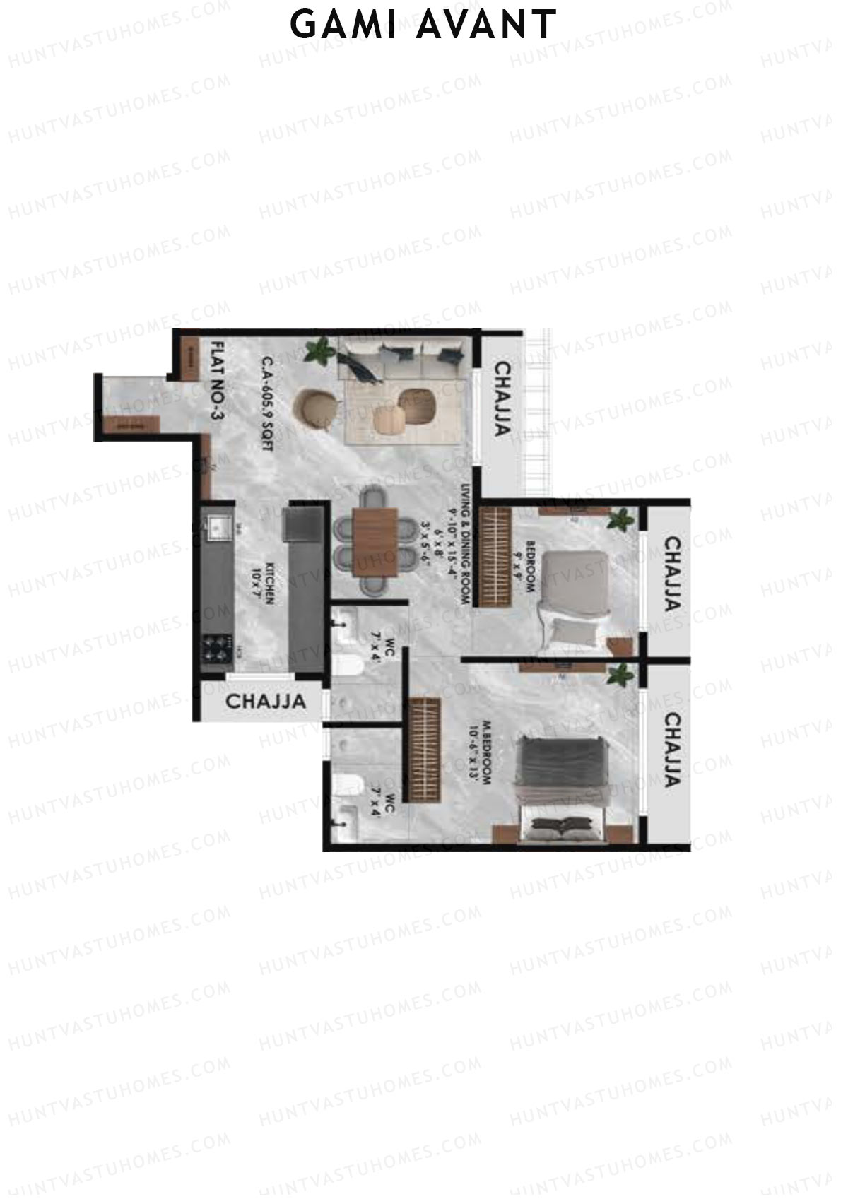 Gami Avant, Wing A, Unit 5, 2BHK, Carpet Area 606   sq ft 