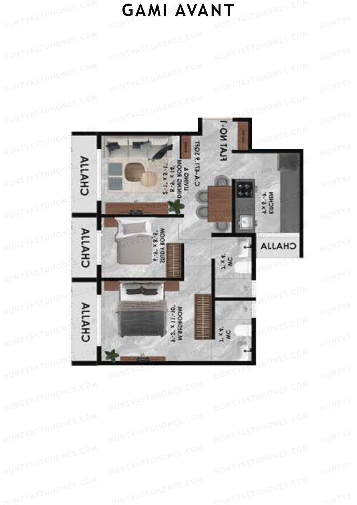 Gami Avant, Wing A, Unit 6, 2BHK, Carpet Area 471   sq ft 