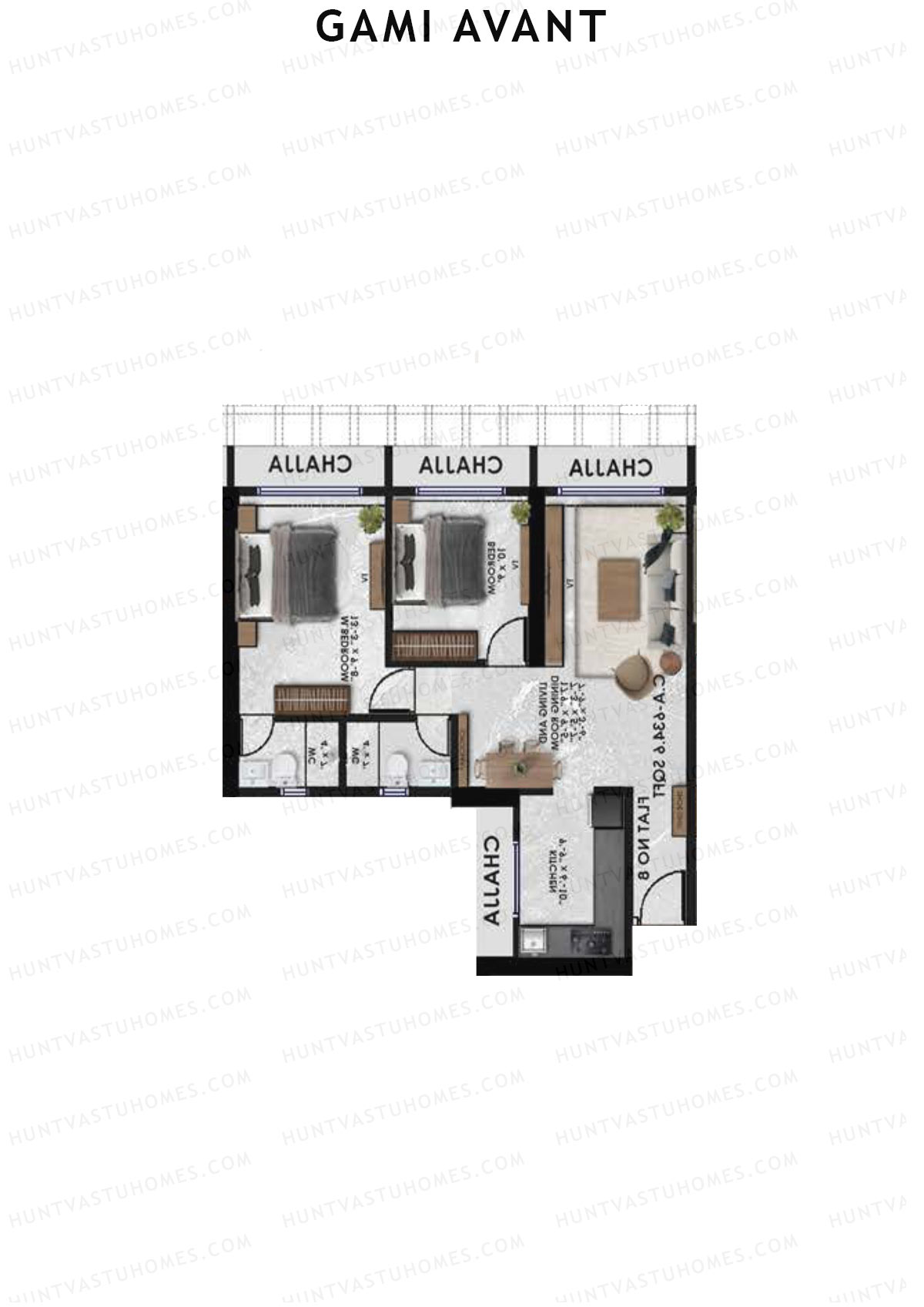 Gami Avant, Wing B, Unit 1, 2BHK, Carpet Area 634   sq ft 