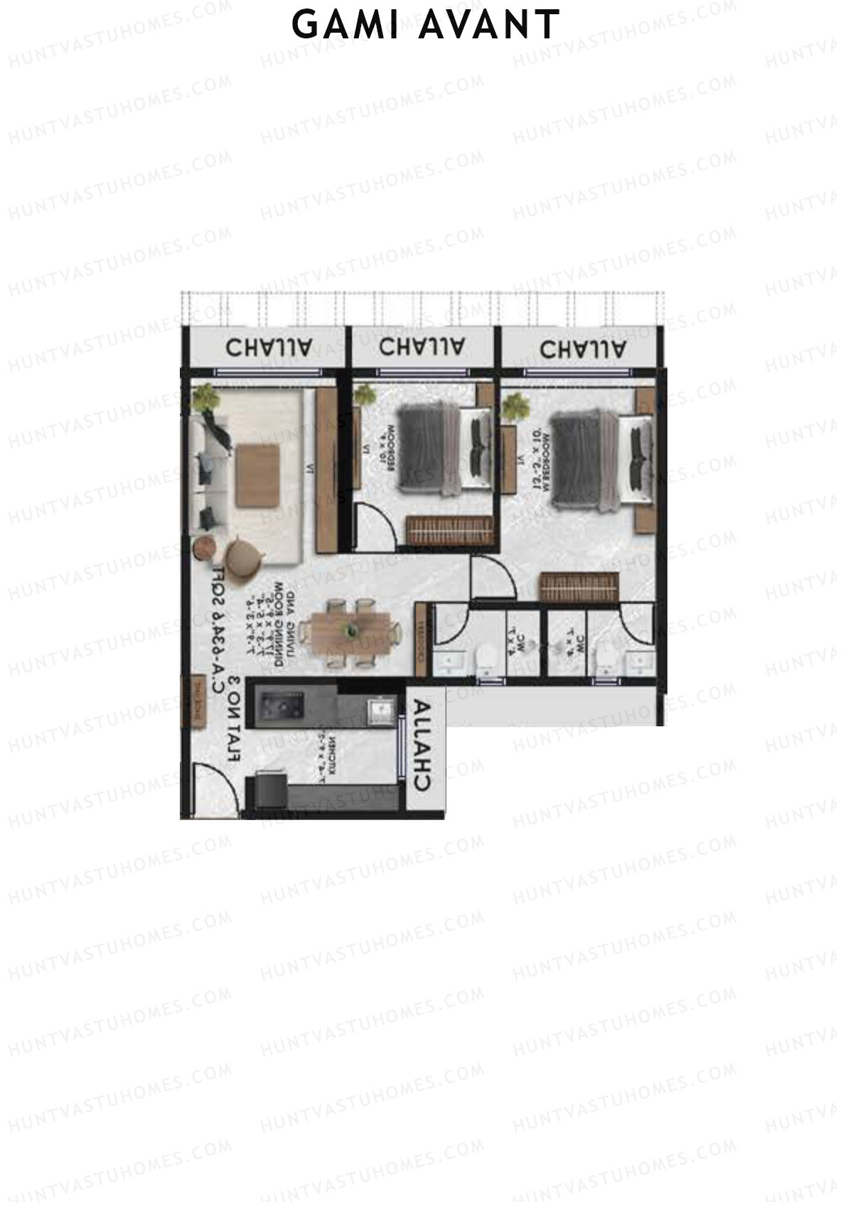 Gami Avant, Wing B, Unit 2, 2BHK, Carpet Area 634   sq ft 