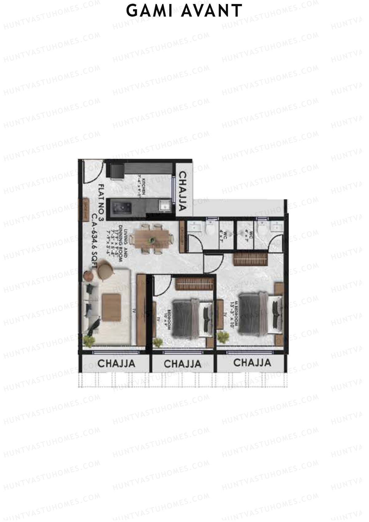 Gami Avant, Wing B, Unit 3, 2BHK, Carpet Area 634   sq ft 
