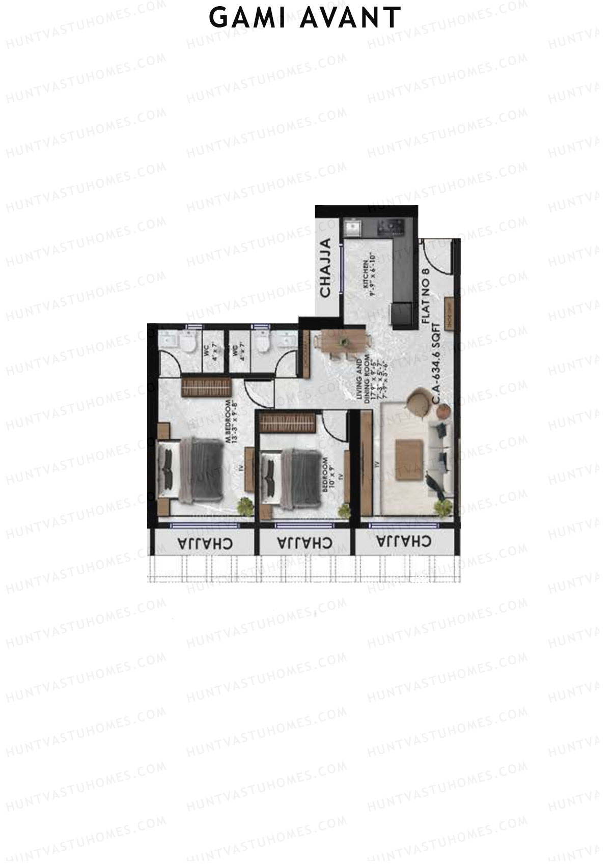 Gami Avant, Wing B, Unit 4, 2BHK, Carpet Area 634   sq ft 