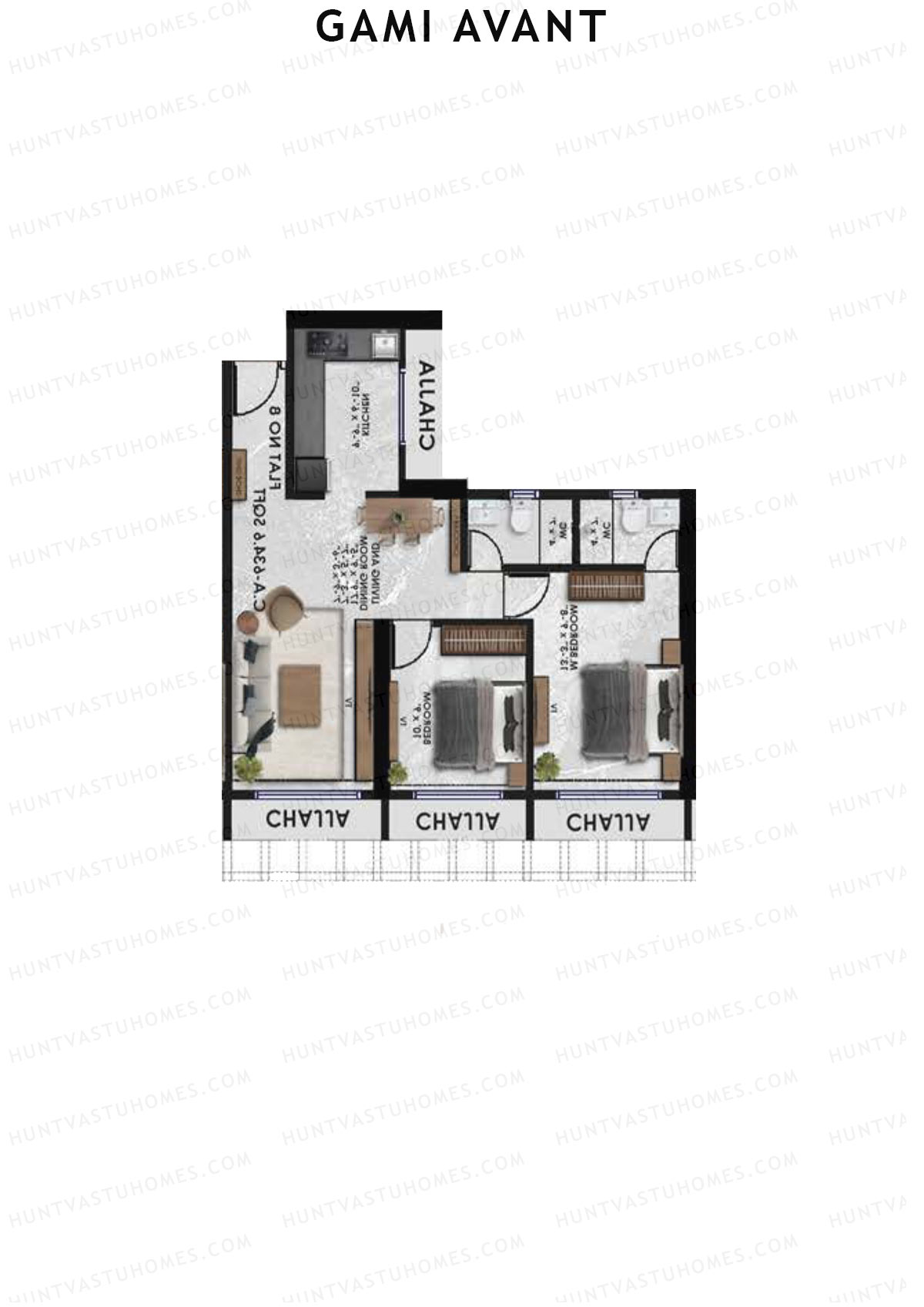 Gami Avant, Wing B, Unit 5, 2BHK, Carpet Area 634   sq ft 