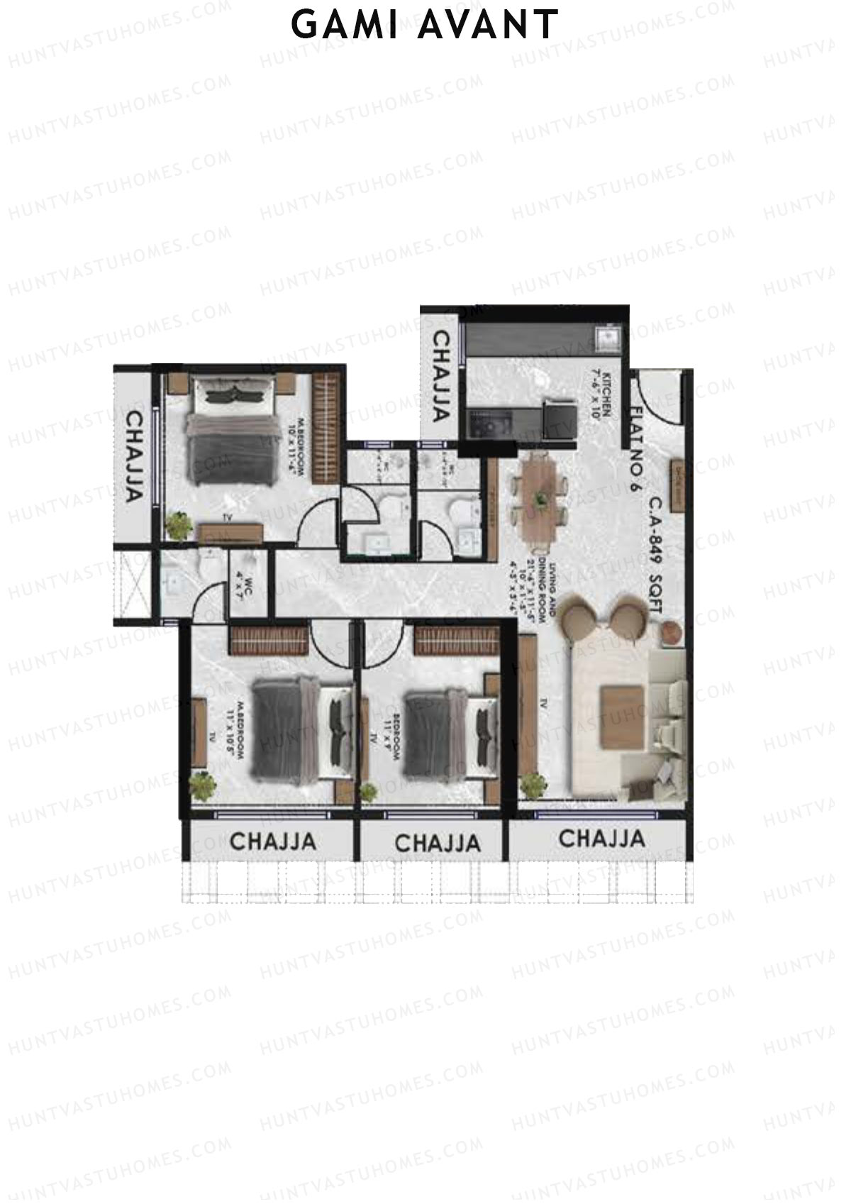 Gami Avant, Wing B, Unit 6, 3BHK, Carpet Area 849   sq ft 